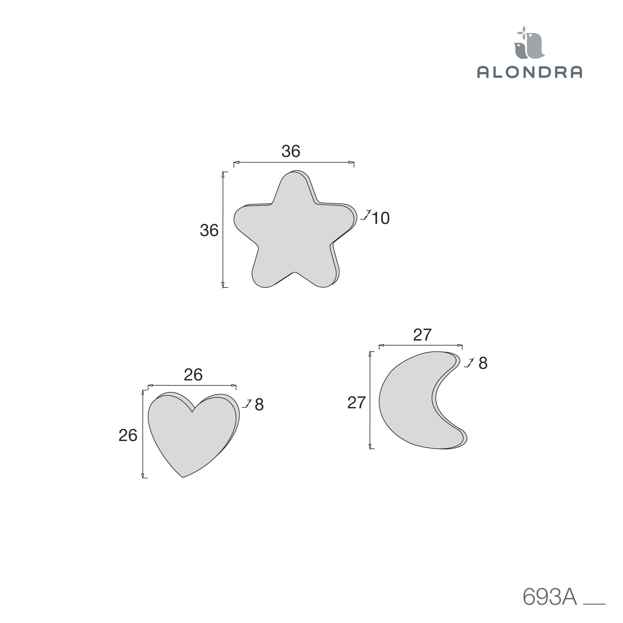 Set 3 cojines (luna, estrella, corazón) gris · Delphin 693A-134