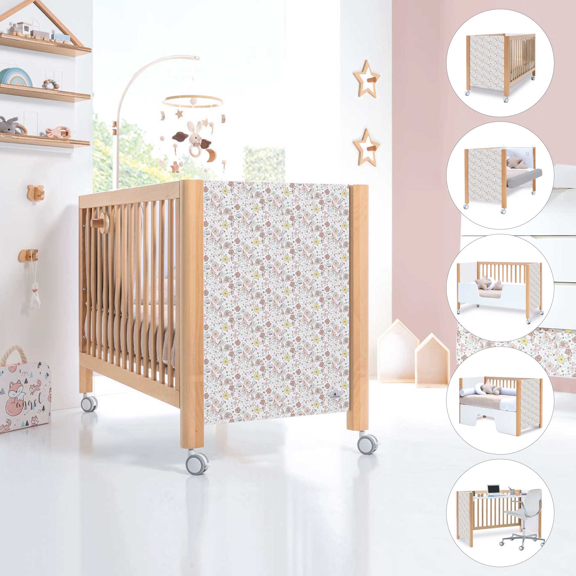 Cuna 60x120 cm madera con vinilo flores rosa · Ombra Liberty C167V-M9577-132