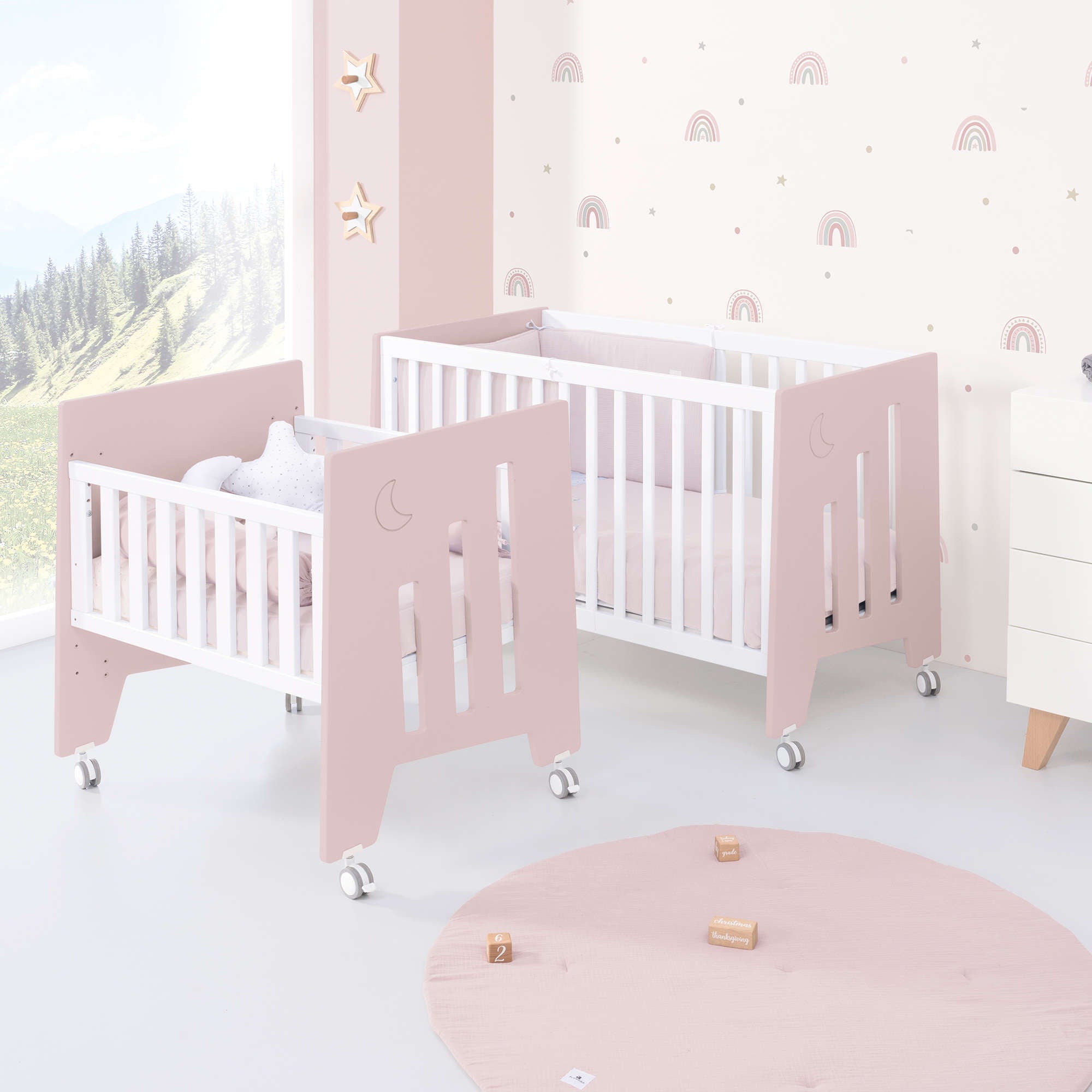 Minicuna 60x80 cm y cuna 60x120 cm (7en1) rosa claro · Omni Tre Flamingo C181T-M7742