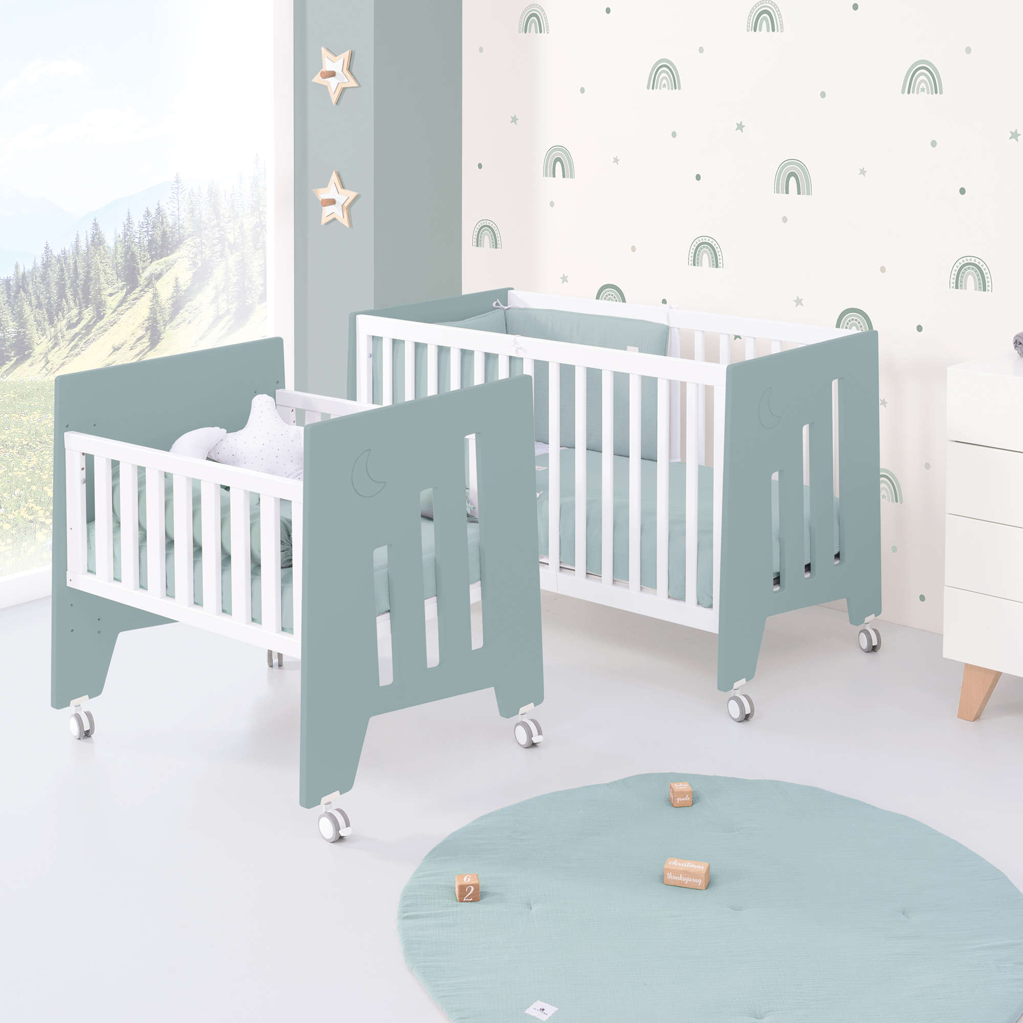 Minicuna 60x80 cm y cuna 60x120 cm (7en1) verde eucalipto · Omni Tre Eucalyptus C181T-M7757