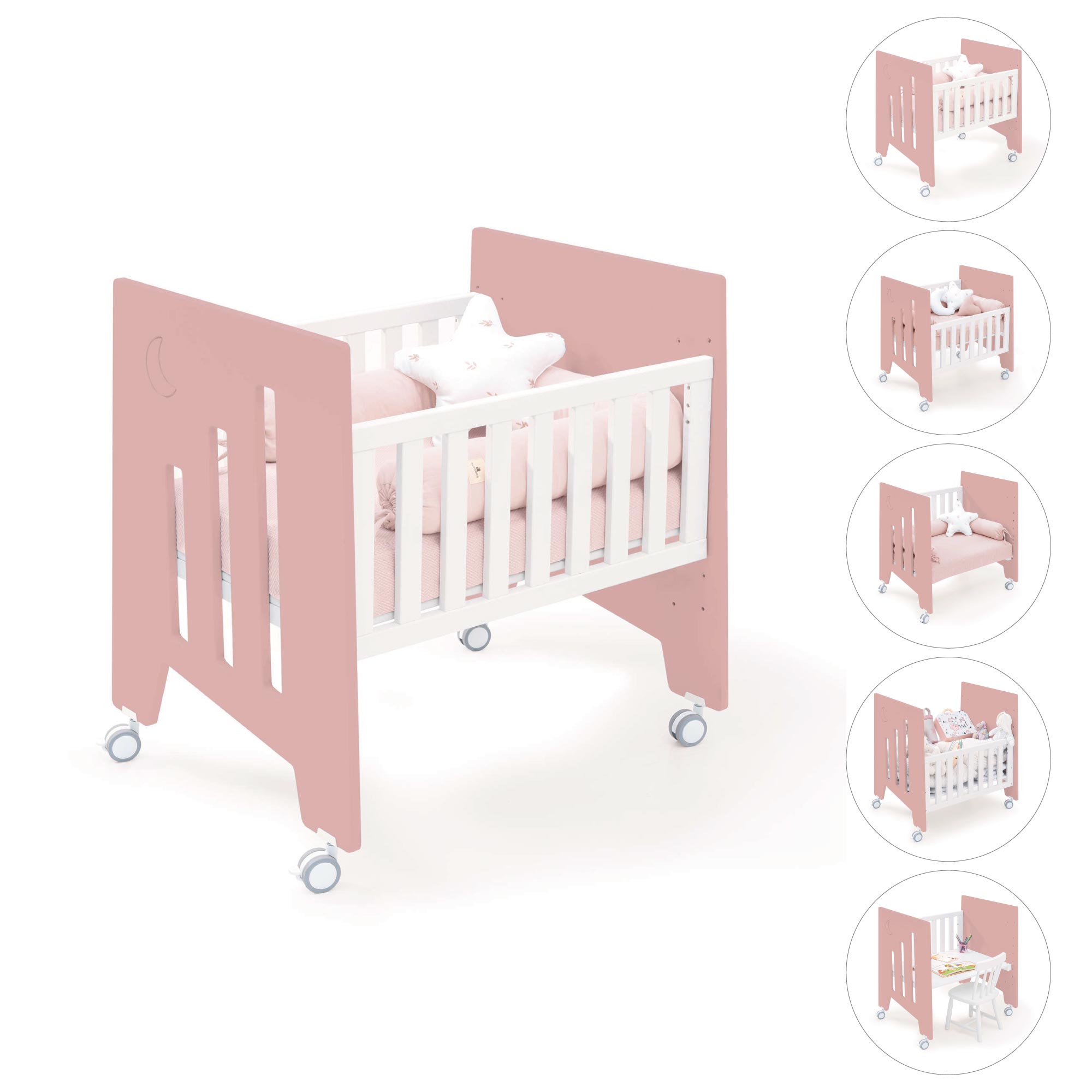Minicuna colecho (5en1) con ruedas 60x80 cm rosa · Omni Uno Quarzo C181A-M7759