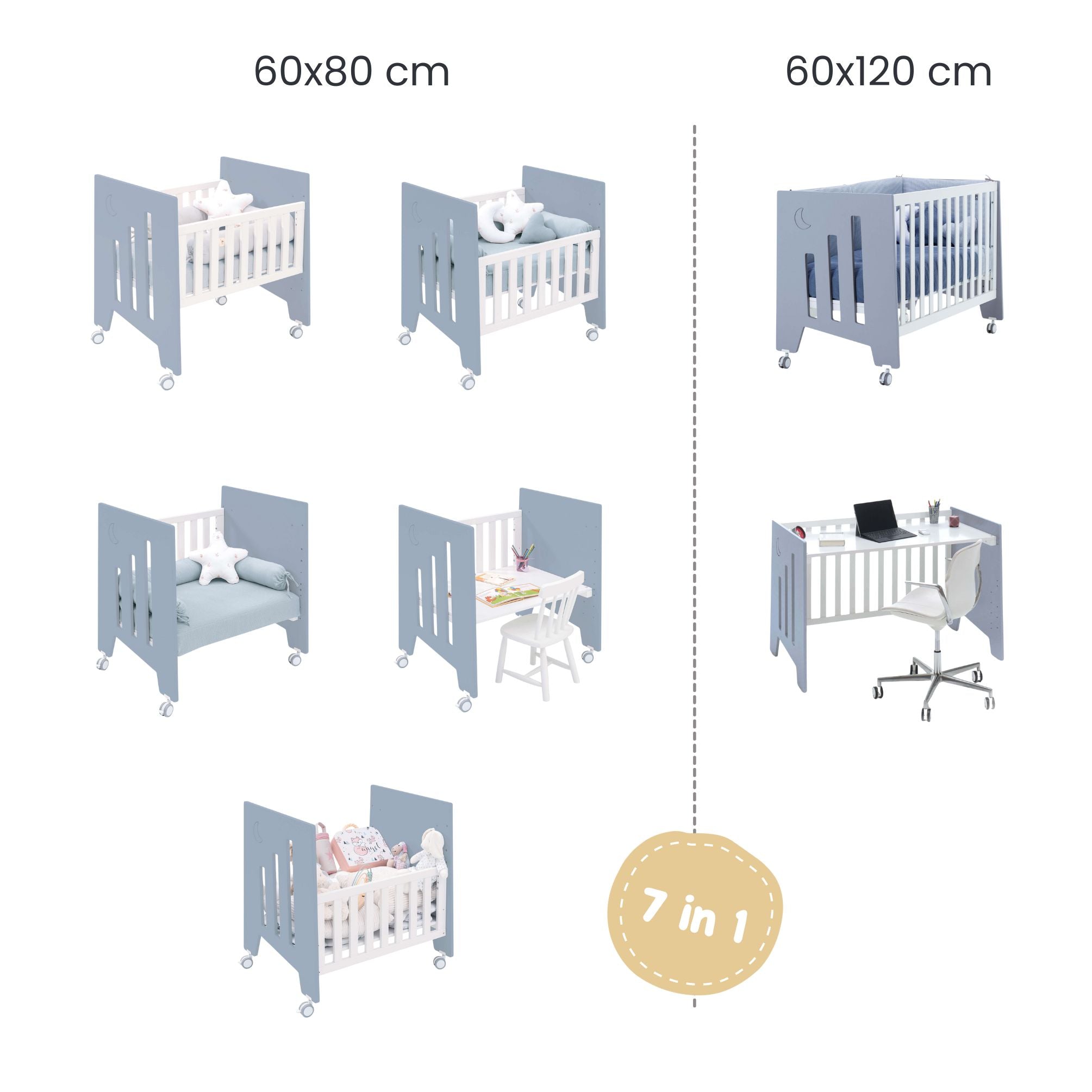 Minicuna 60x80 cm y cuna 60x120 cm (7en1) azul · Omni Tre Blu denim C181T-M7741