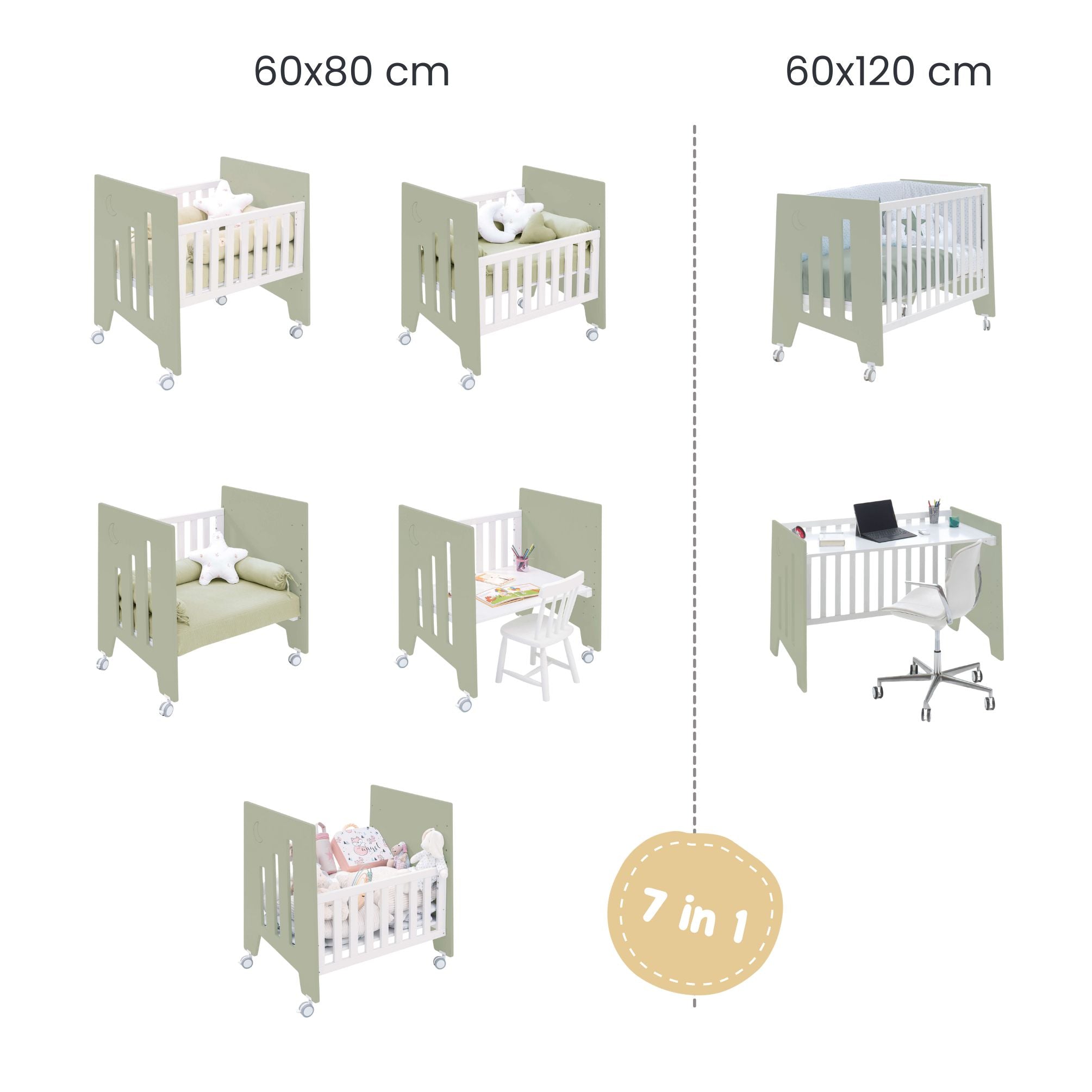 Minicuna 60x80 cm y cuna 60x120 cm (7en1) verde-oliva · Omni Tre Erba C181T-M7756
