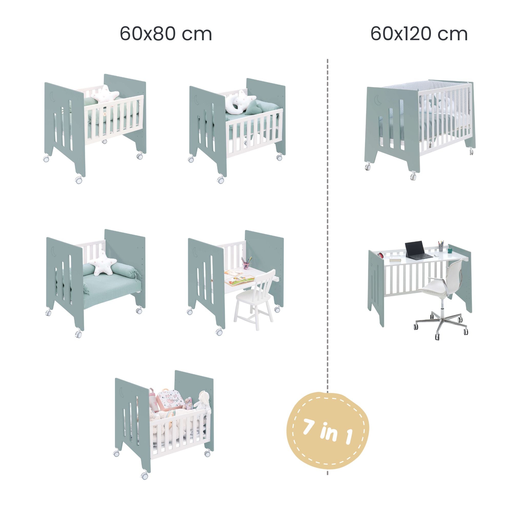 Minicuna 60x80 cm y cuna 60x120 cm (7en1) verde eucalipto · Omni Tre Eucalyptus C181T-M7757