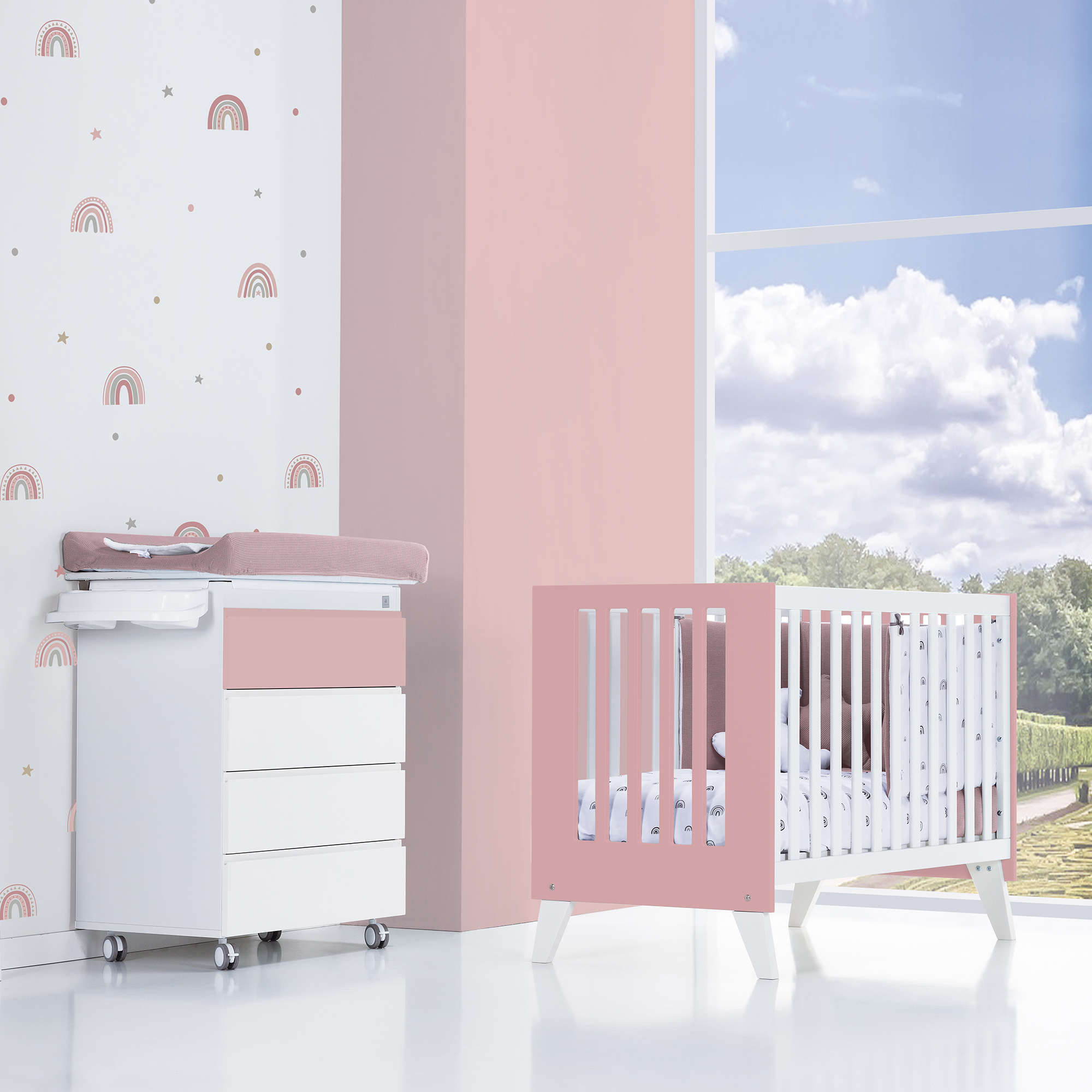 Minicuna y cuna todo en uno (7en1) blanca/rosa · Nexo Tre Quarzo C187T-M7759