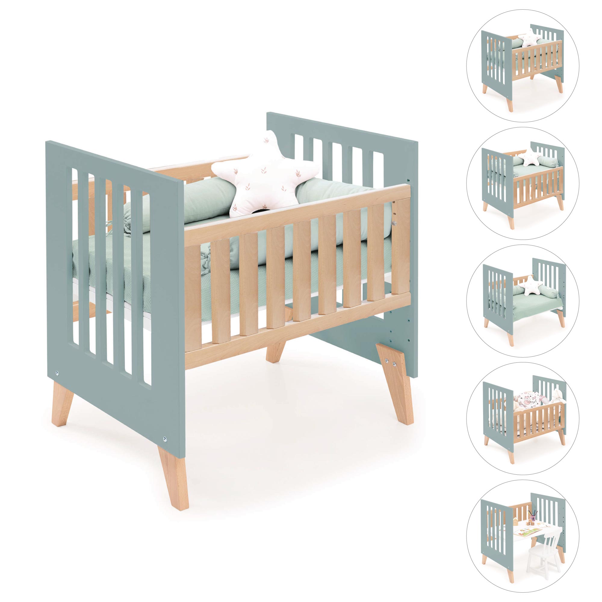 Minicuna colecho 60x80 cm (5en1) madera/verde · Nexor Uno Eucalyptus C187RA-M5795