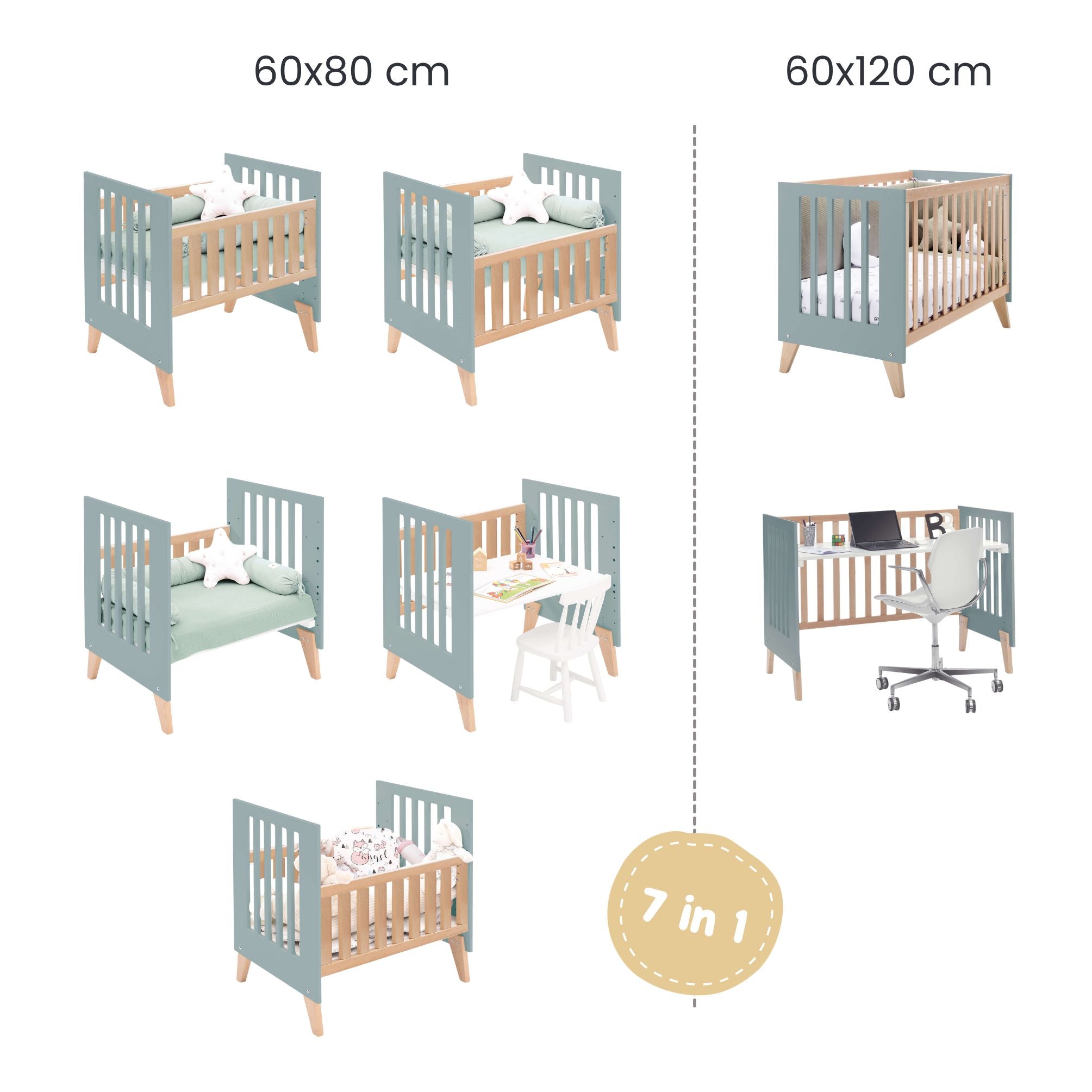 Minicuna convertible en cuna (7en1) madera/verde · Nexor Tre Eucalyptus C187RT-M5795