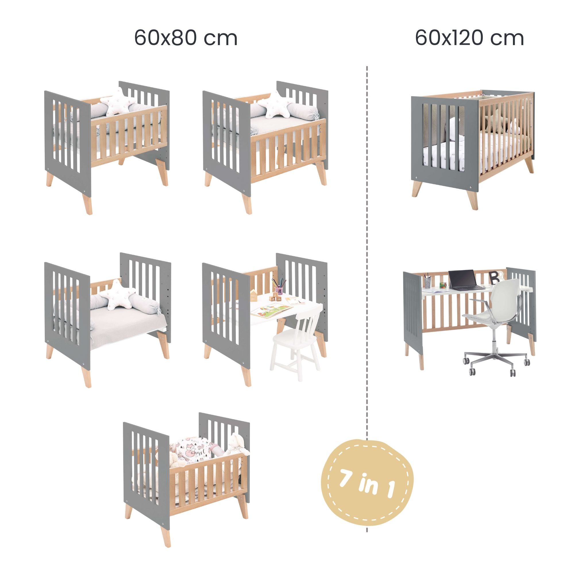 Minicuna convertible en cuna (7en1) madera/antracita · Nexor Tre Antracita C187RT-M5895