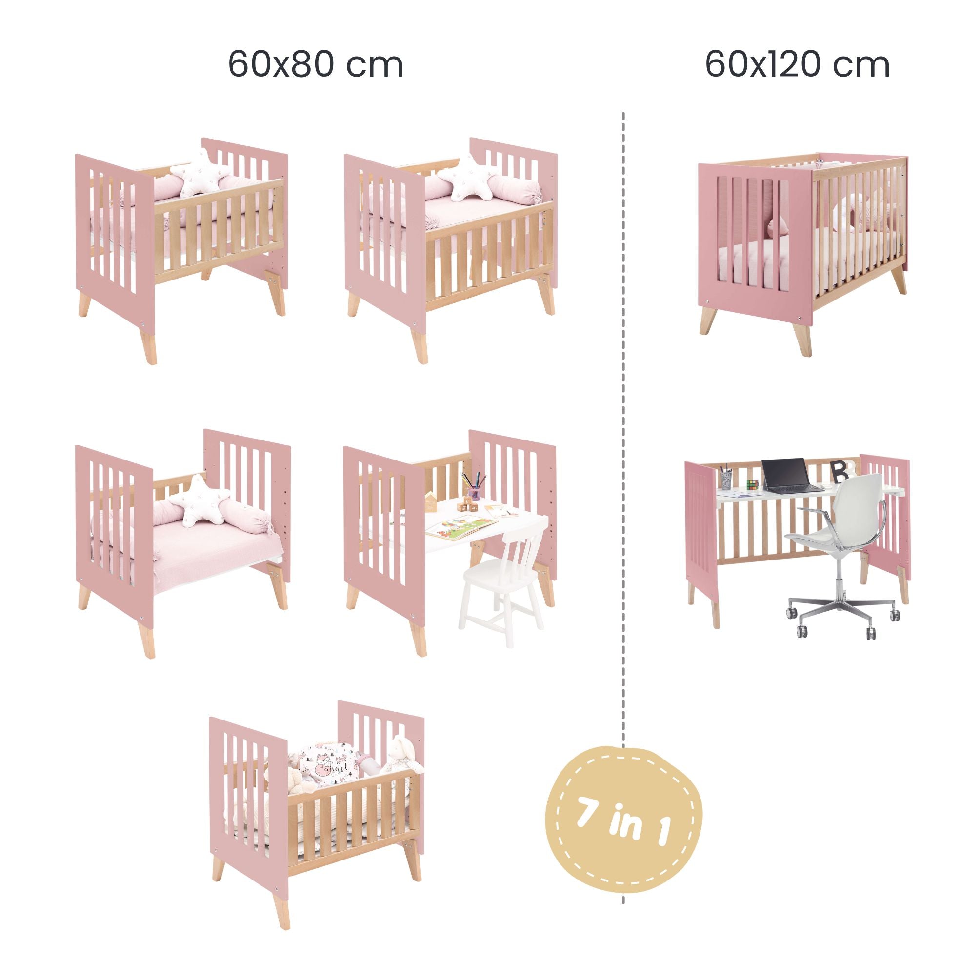 Minicuna convertible en cuna (7en1) madera/rosado · Nexor Tre Quarzo C187RT-M5995