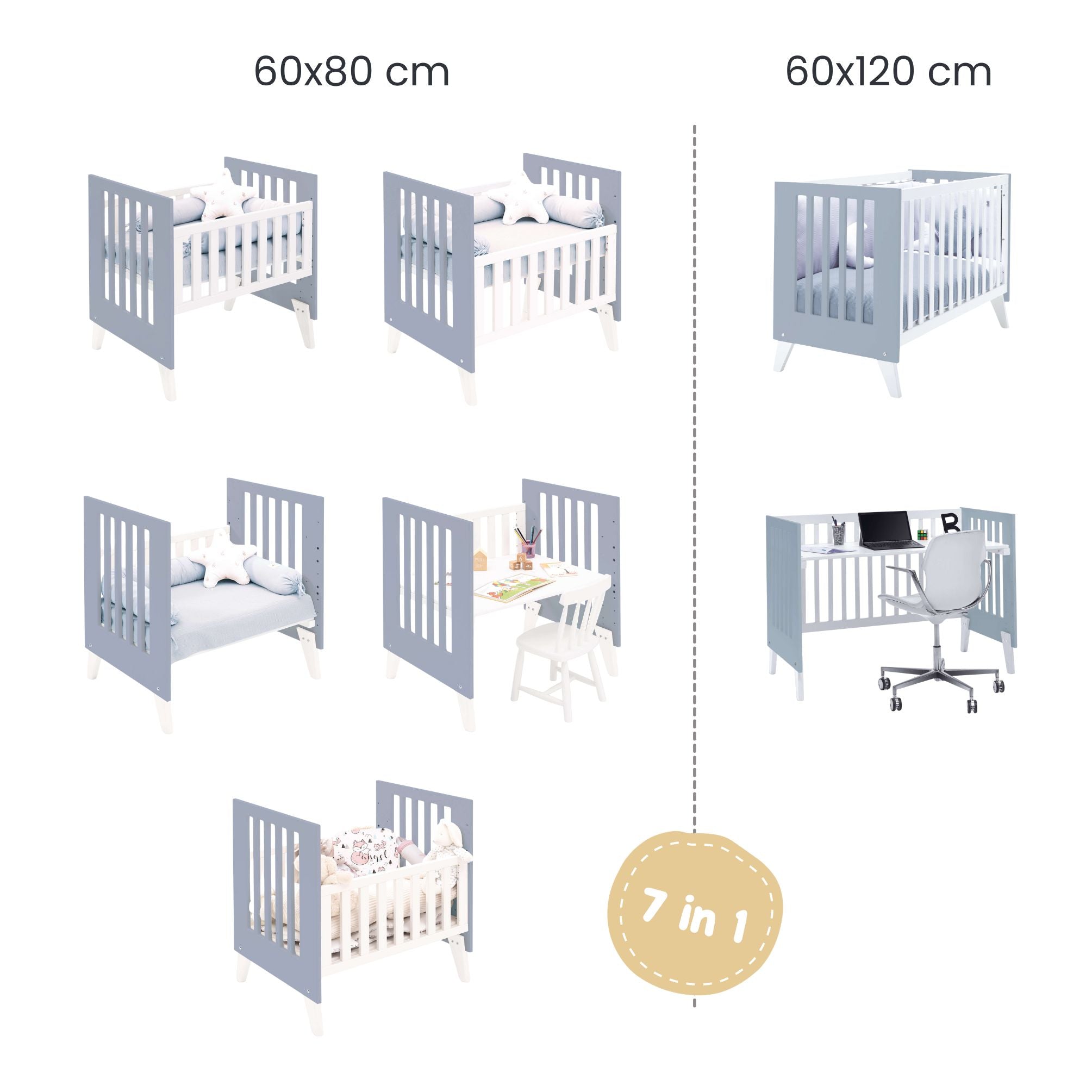 Minicuna y cuna todo en uno (7en1) blanca/azul · Nexo Tre Blu denim C187T-M7741
