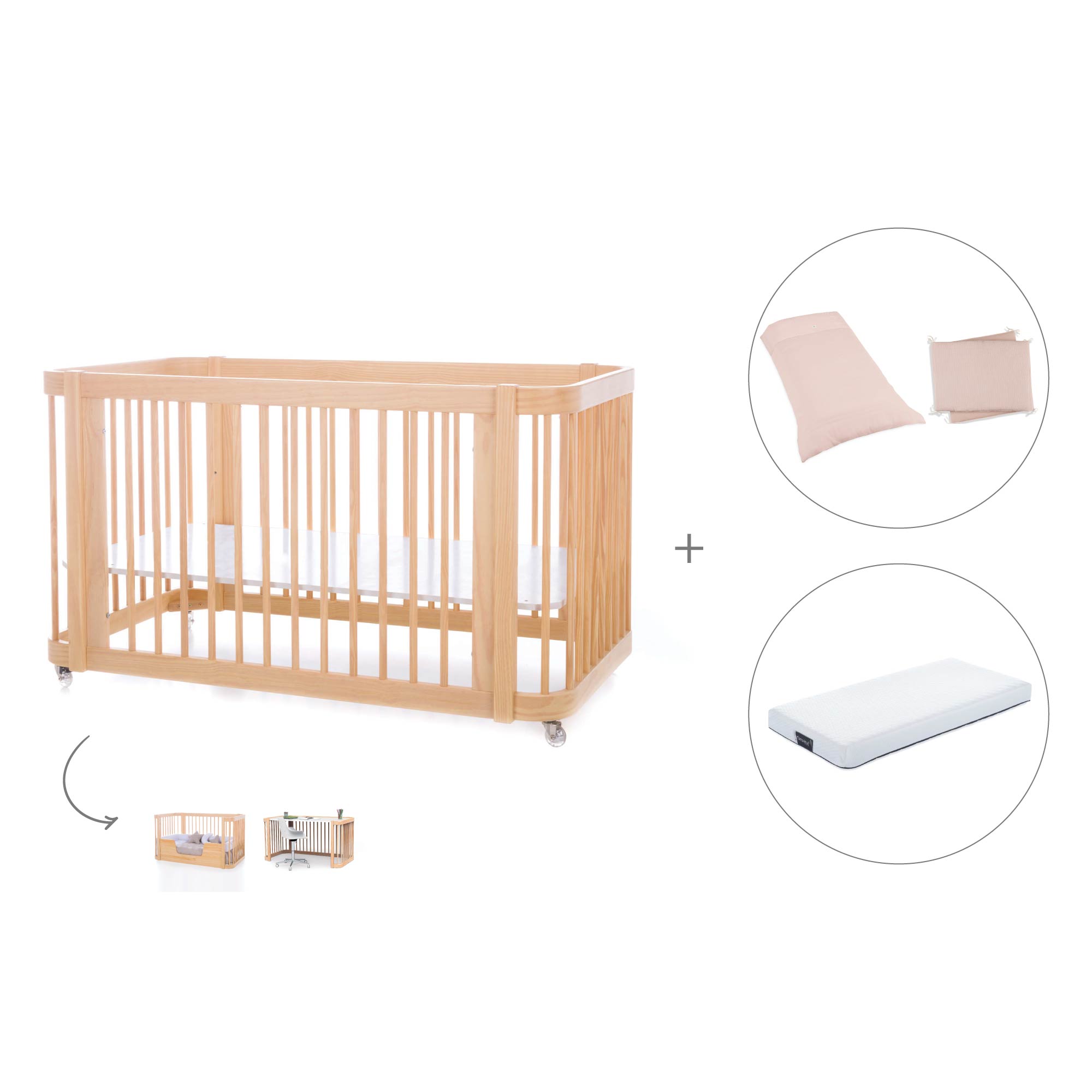 Cuna-Cama para bebé 70x140 cm (3en1) madera natural · Crea Due Nomad C300-M5000
