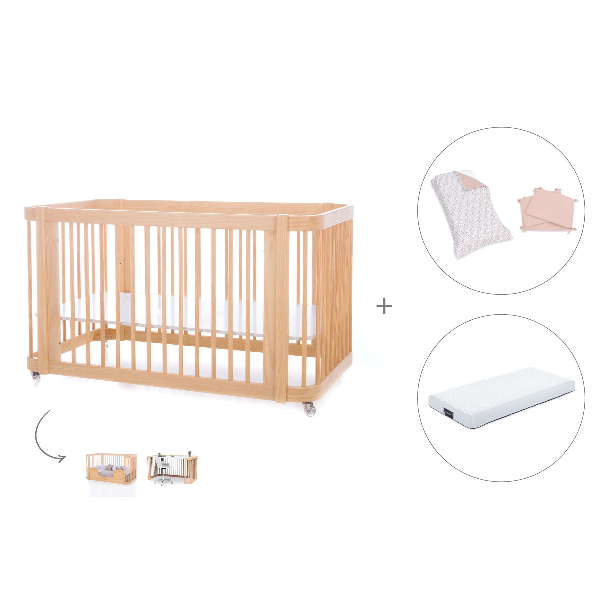 Cuna-Cama para bebé 70x140 cm (3en1) madera natural · Crea Due Nomad C300-M5000