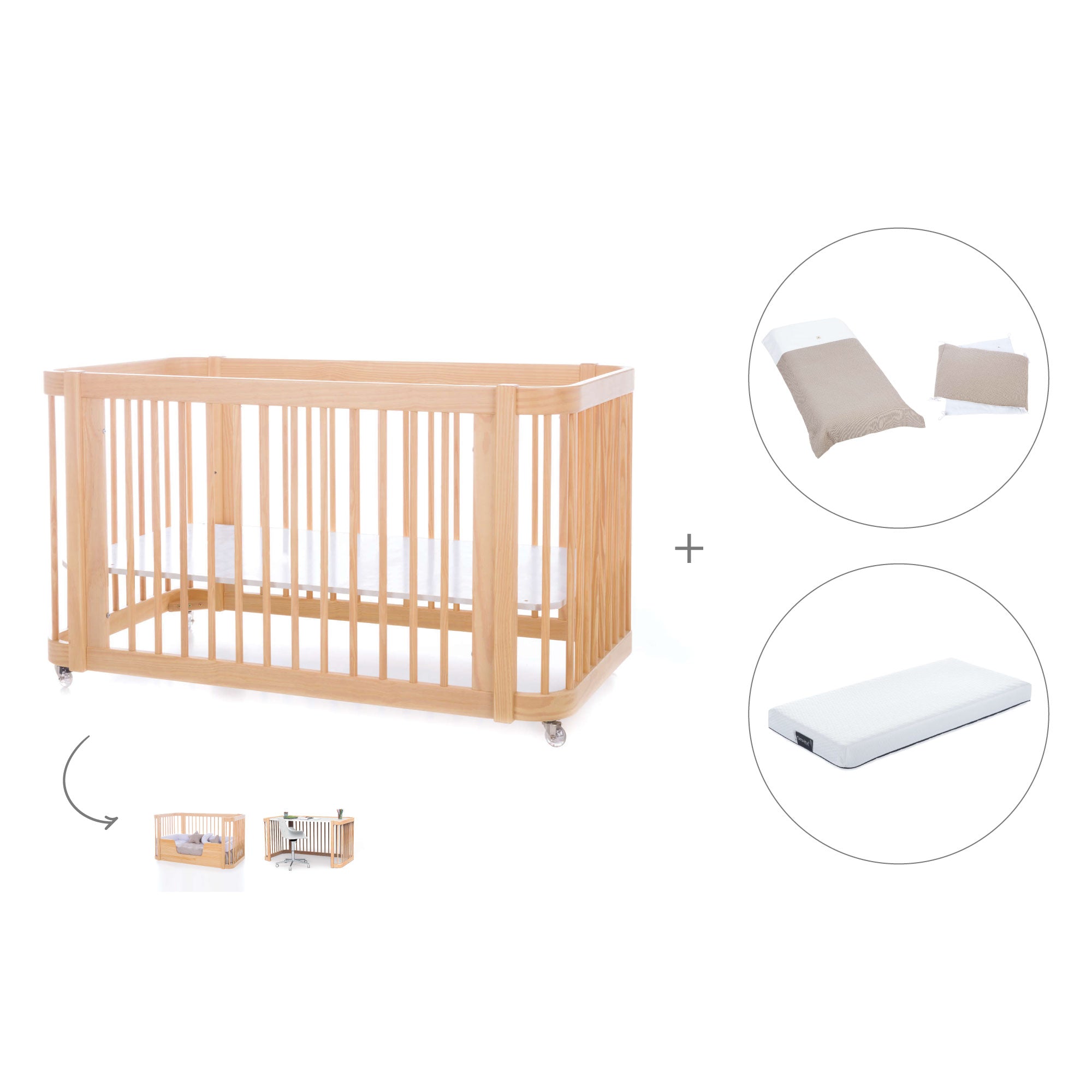 Cuna-Cama para bebé 70x140 cm (3en1) madera natural · Crea Due Nomad C300-M5000