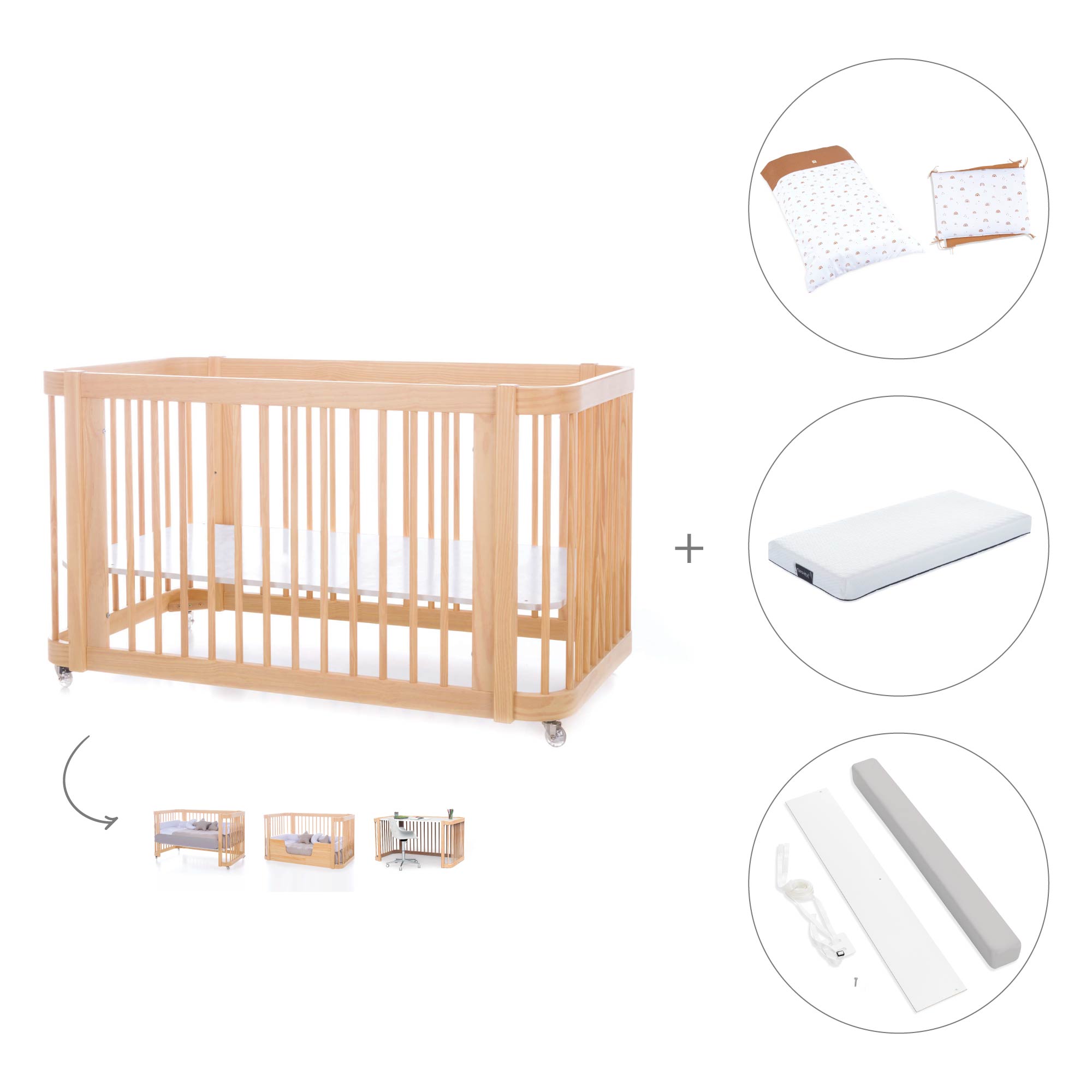 Cuna-Cama para bebé 70x140 cm (3en1) madera natural · Crea Due Nomad C300-M5000