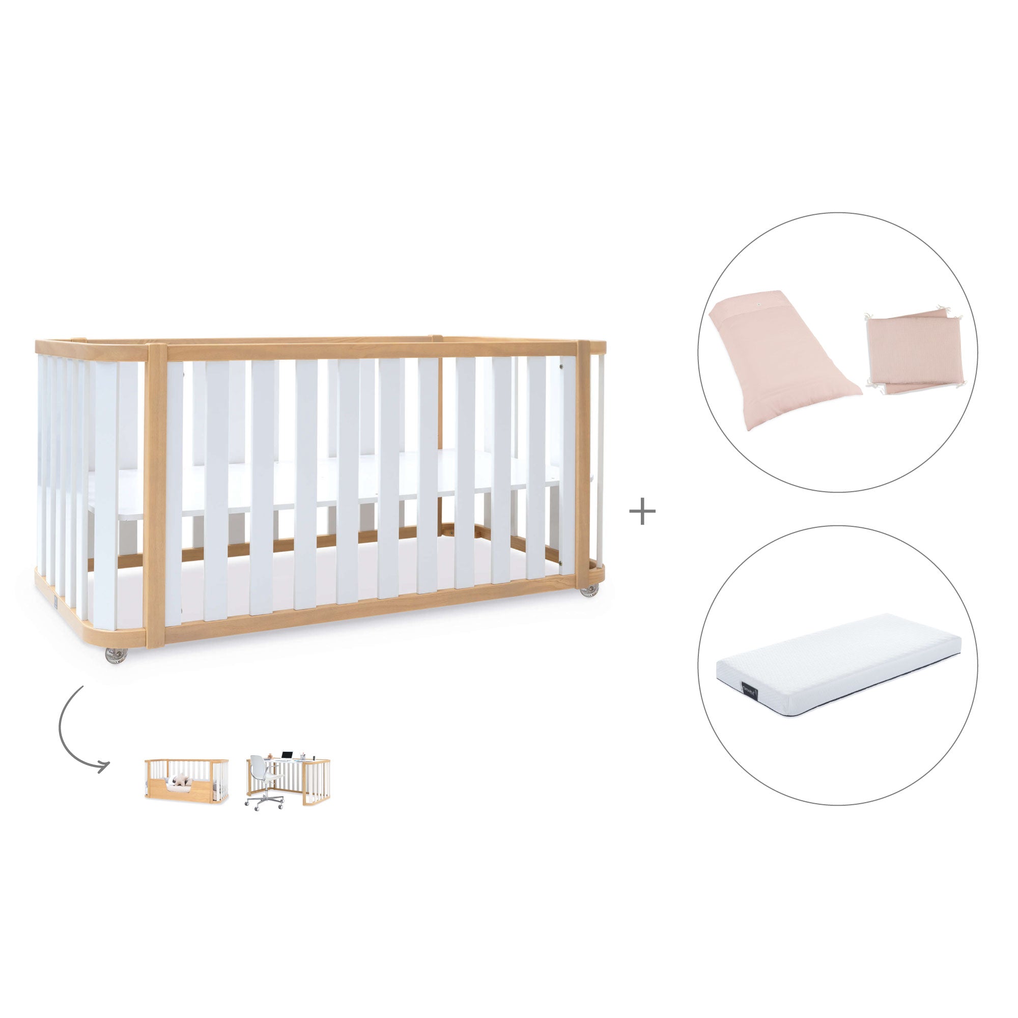 Cuna-cama-escritorio 70x140 cm (3en1) madera/blanco · Crea Plus Due C350-M5011