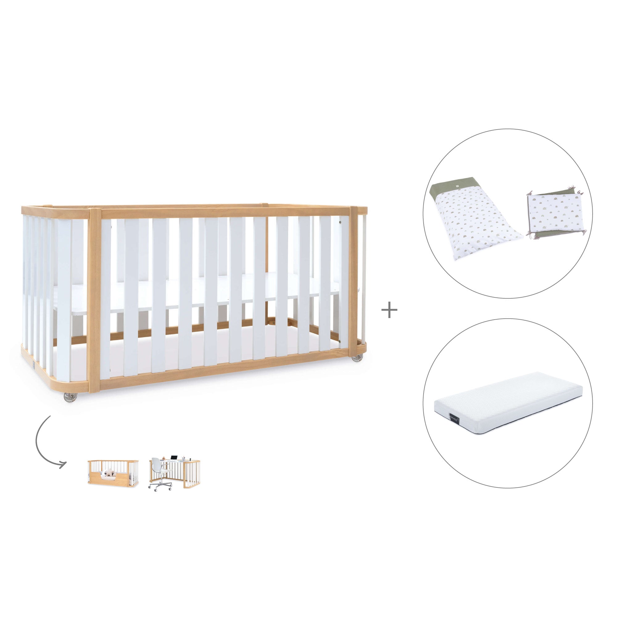 Cuna-cama-escritorio 70x140 cm (3en1) madera/blanco · Crea Plus Due C350-M5011