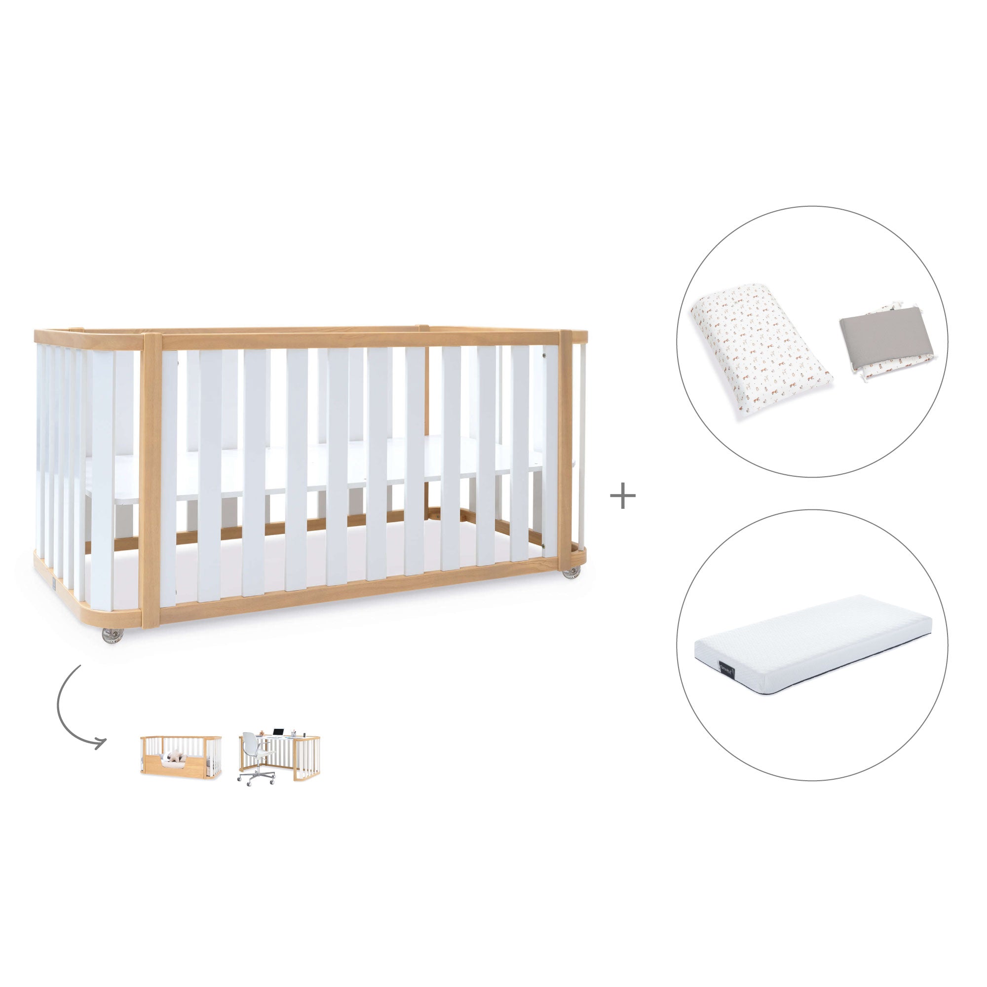 Cuna-cama-escritorio 70x140 cm (3en1) madera/blanco · Crea Plus Due C350-M5011