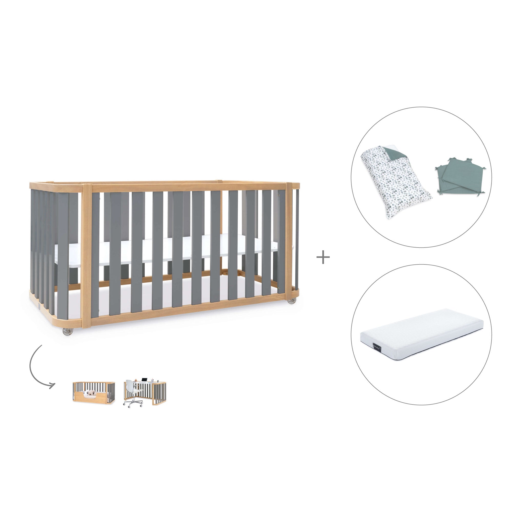 Cuna-cama-escritorio 70x140 cm (3en1) madera/gris · Crea Plus Due C350-M5058