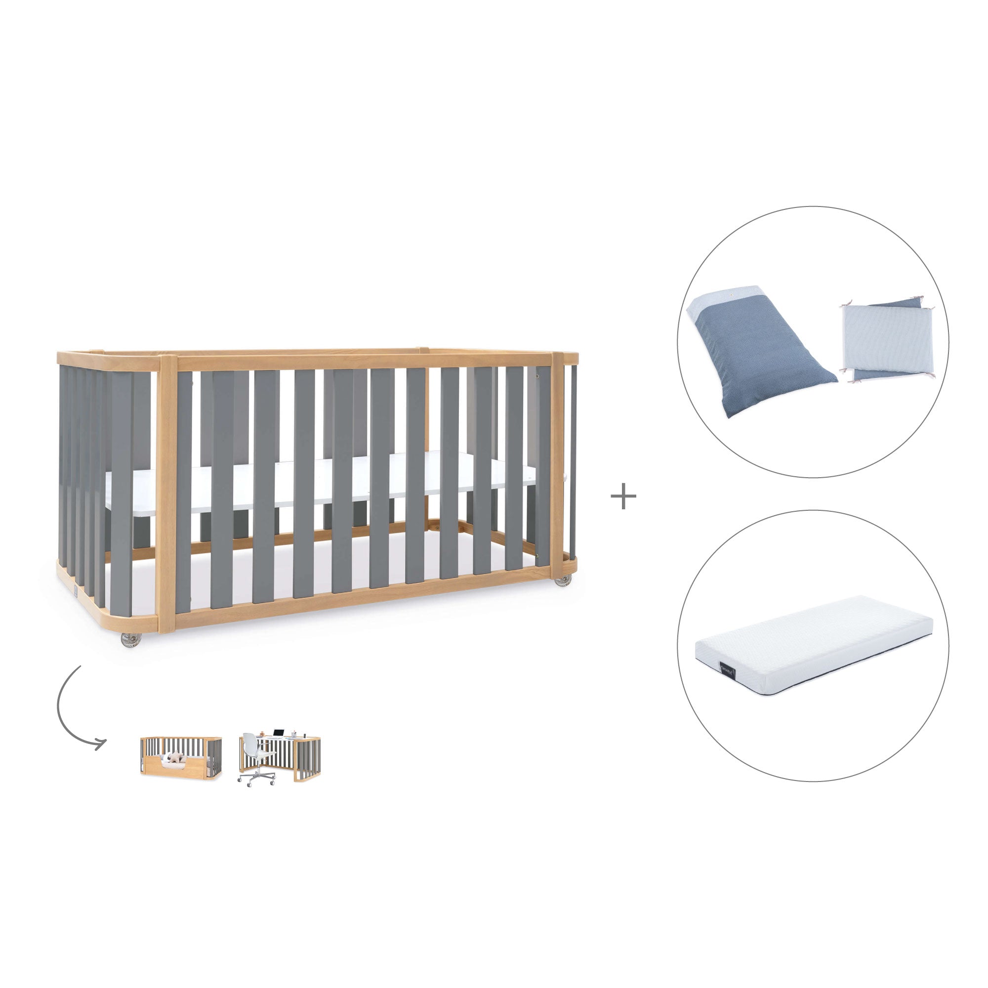 Cuna-cama-escritorio 70x140 cm (3en1) madera/gris · Crea Plus Due C350-M5058