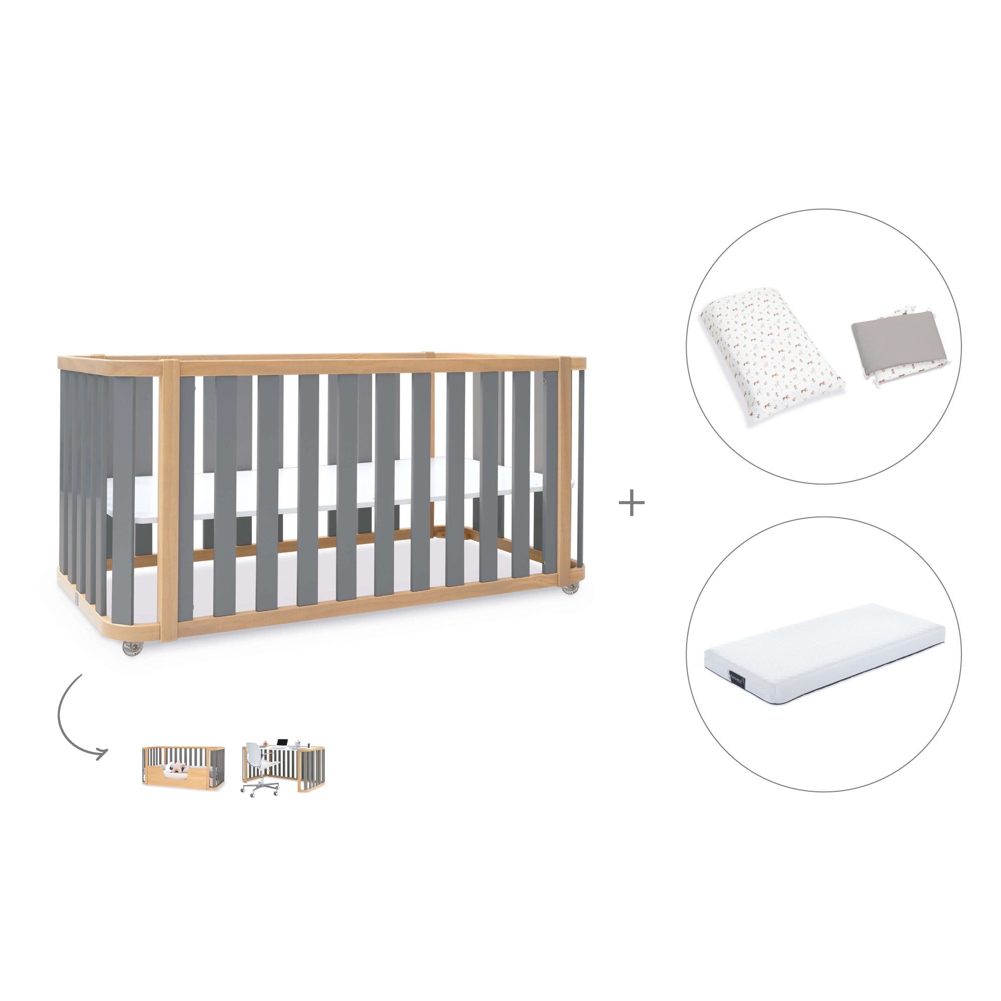Cuna-cama-escritorio 70x140 cm (3en1) madera/gris · Crea Plus Due C350-M5058