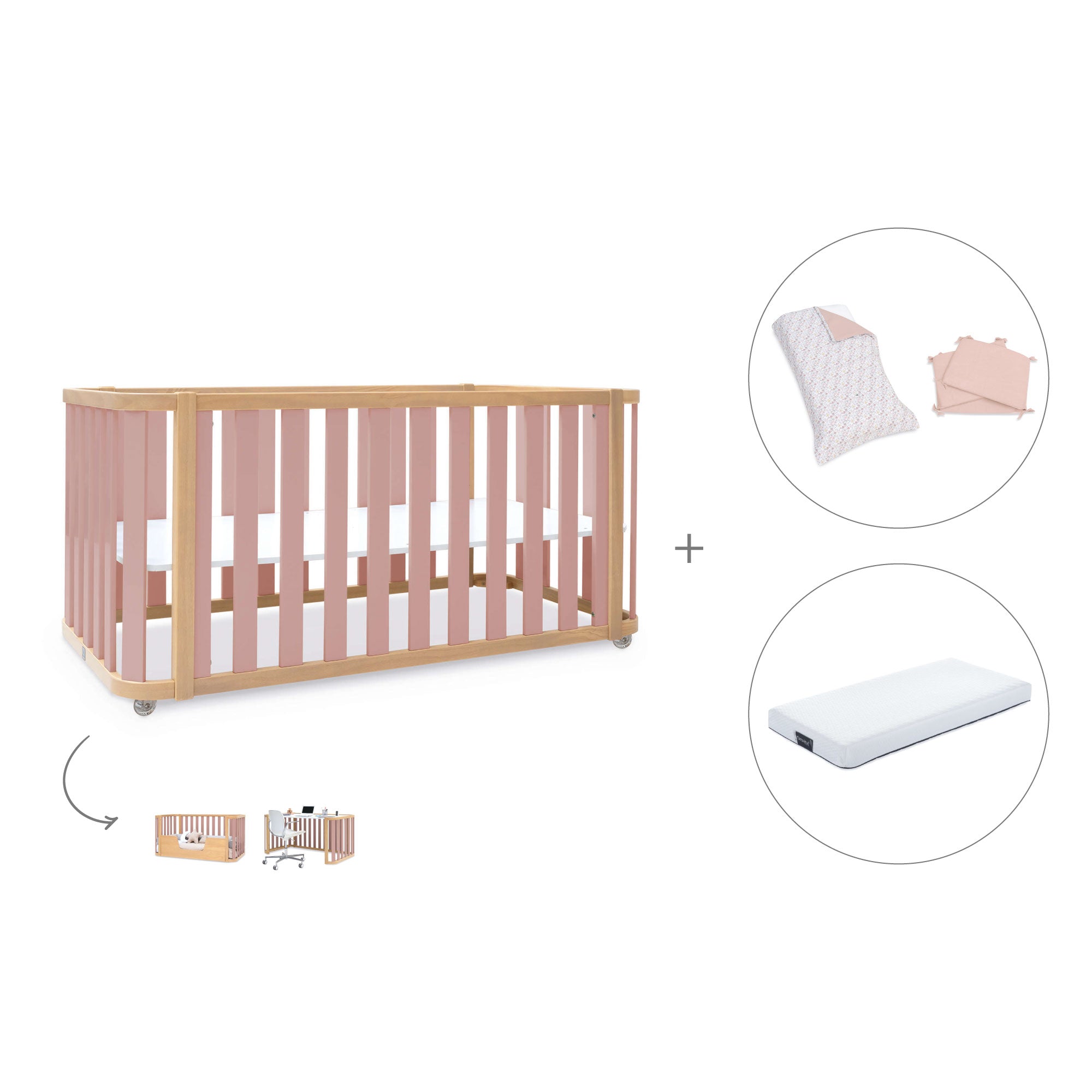 Cuna-cama-escritorio 70x140 cm (3en1) madera/rosa · Crea Plus Due C350-M5059