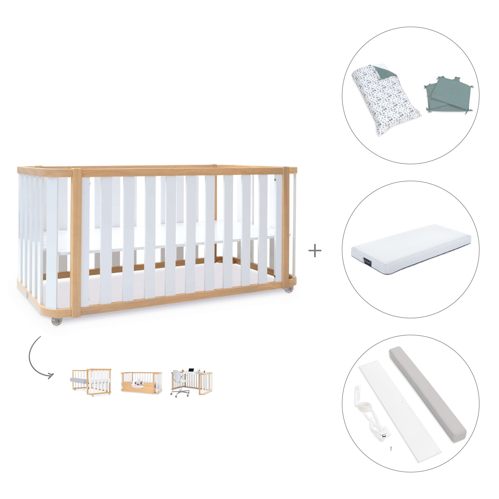 Cuna-cama-escritorio 70x140 cm (3en1) madera/blanco · Crea Plus Due C350-M5011