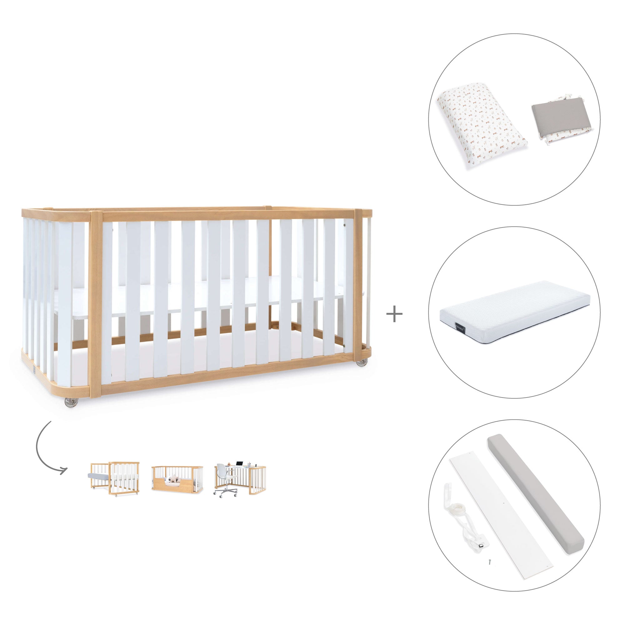 Cuna-cama-escritorio 70x140 cm (3en1) madera/blanco · Crea Plus Due C350-M5011