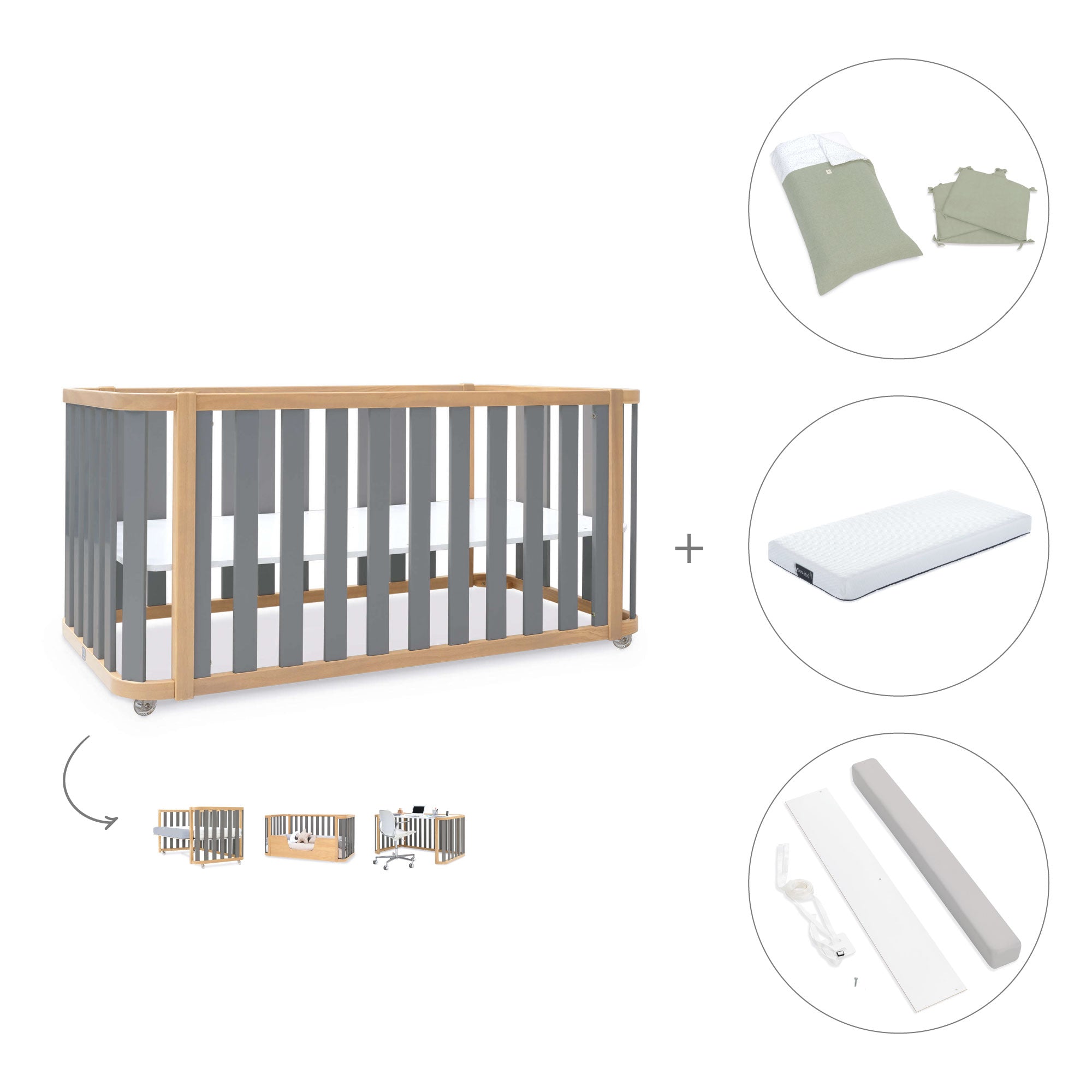 Cuna-cama-escritorio 70x140 cm (3en1) madera/gris · Crea Plus Due C350-M5058