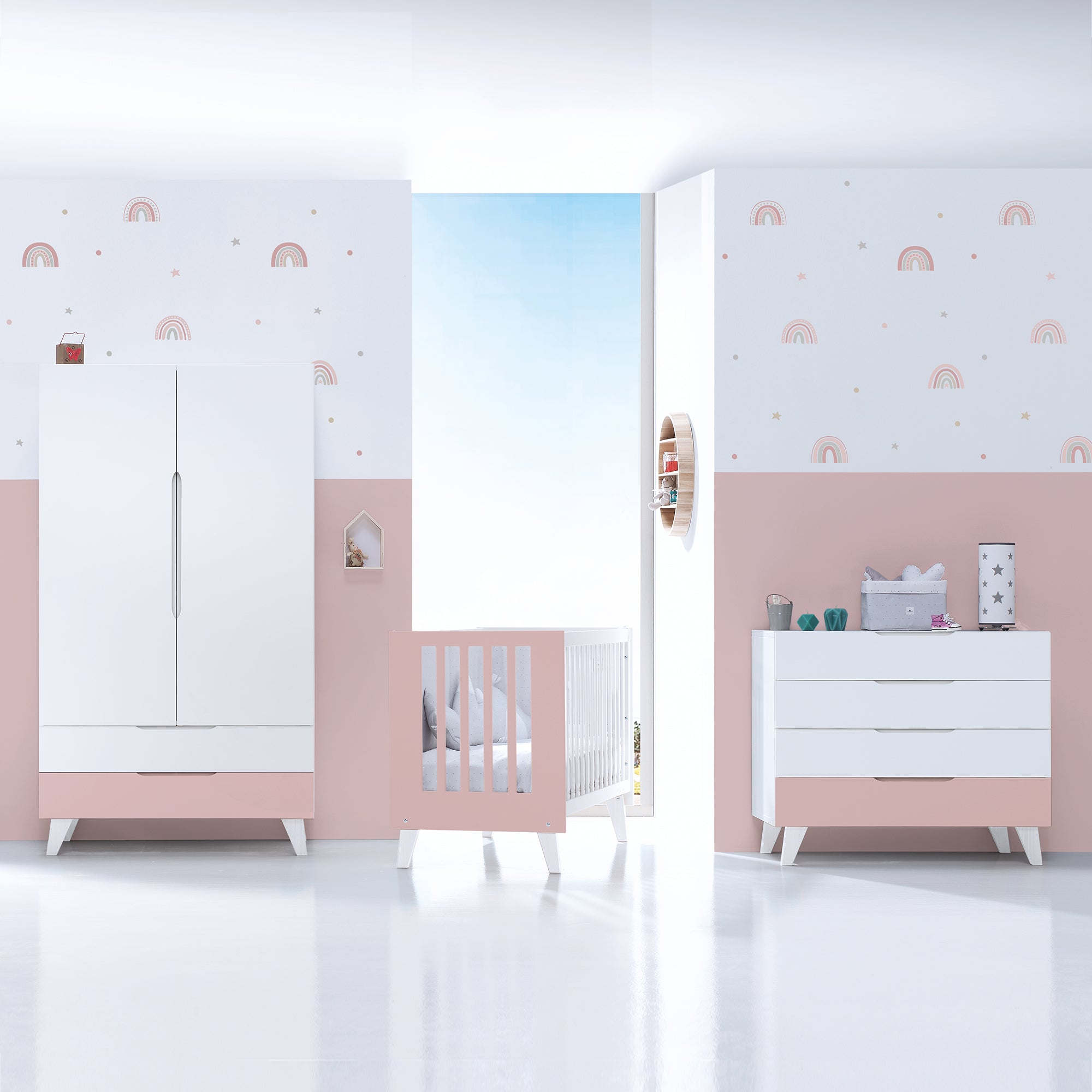 Habitación infantil bebés blanco y rosa pastel · Style Flamingo