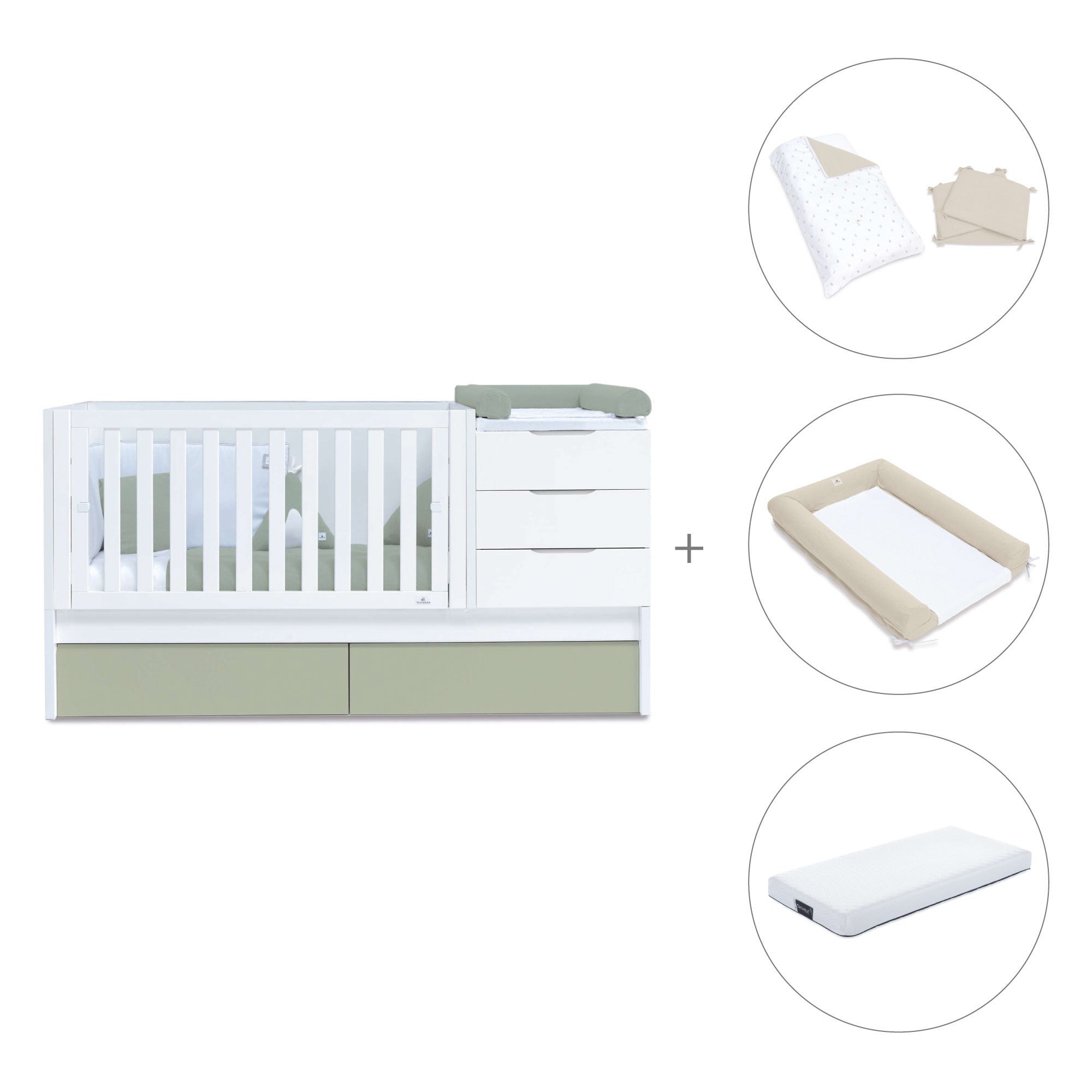 Cuna convertible 70x140 cm blanca/verde-oliva · Sero More K546-M7756