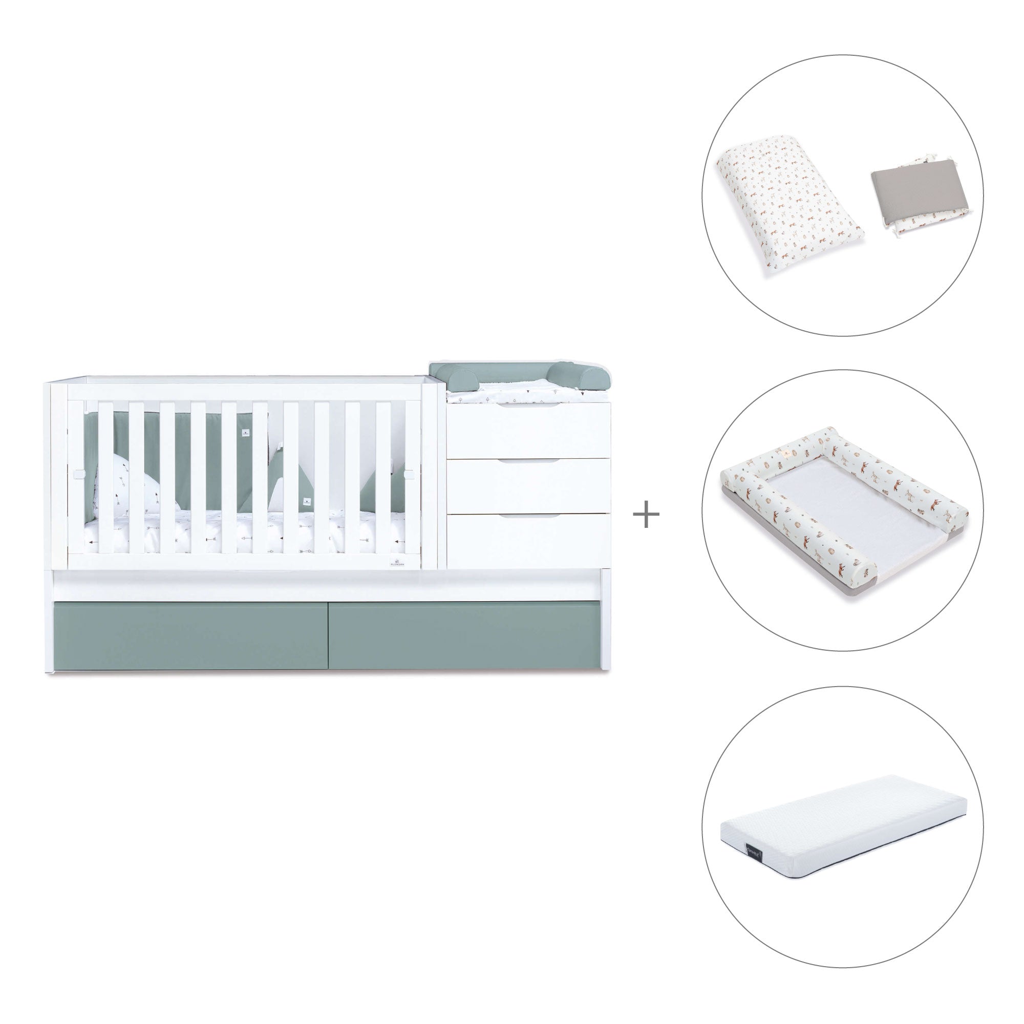 Cuna convertible 70x140 cm blanca/eucalipto · Sero More Eucalyptus K546-M7757