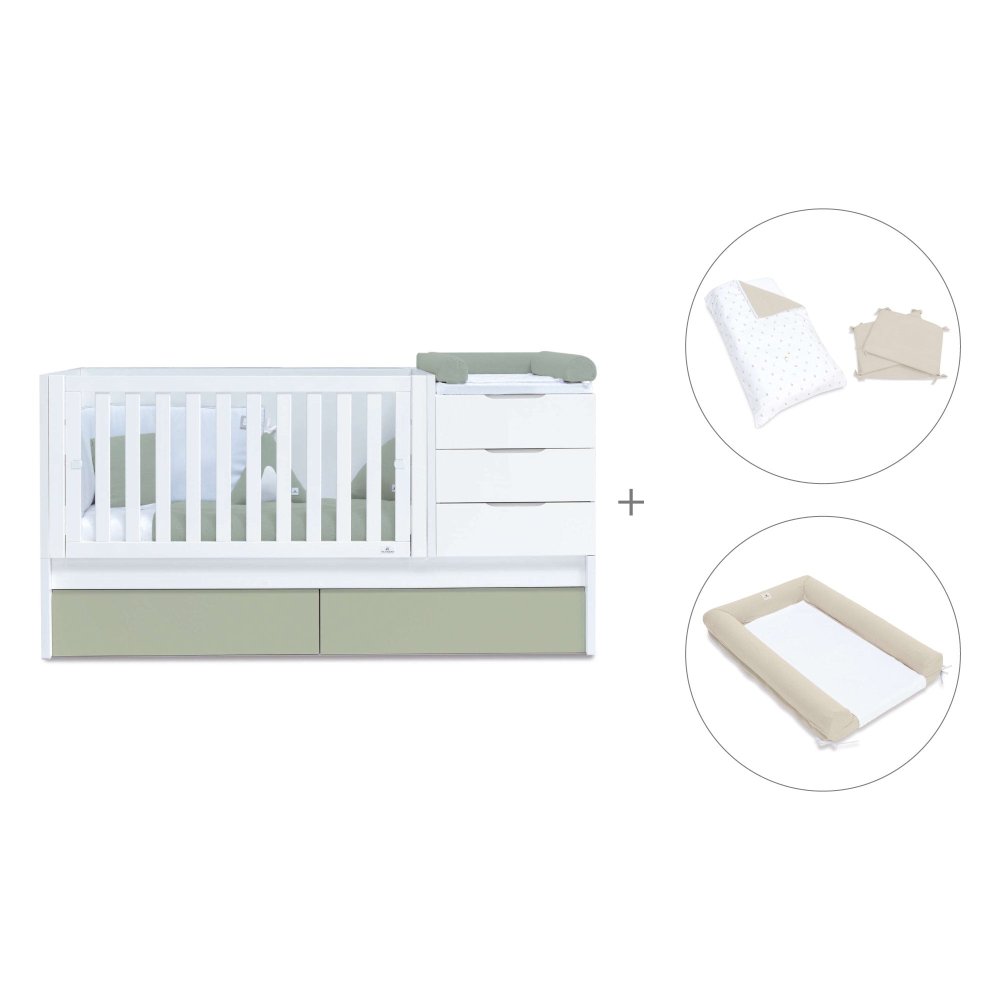 Cuna convertible 70x140 cm blanca/verde-oliva · Sero More K546-M7756