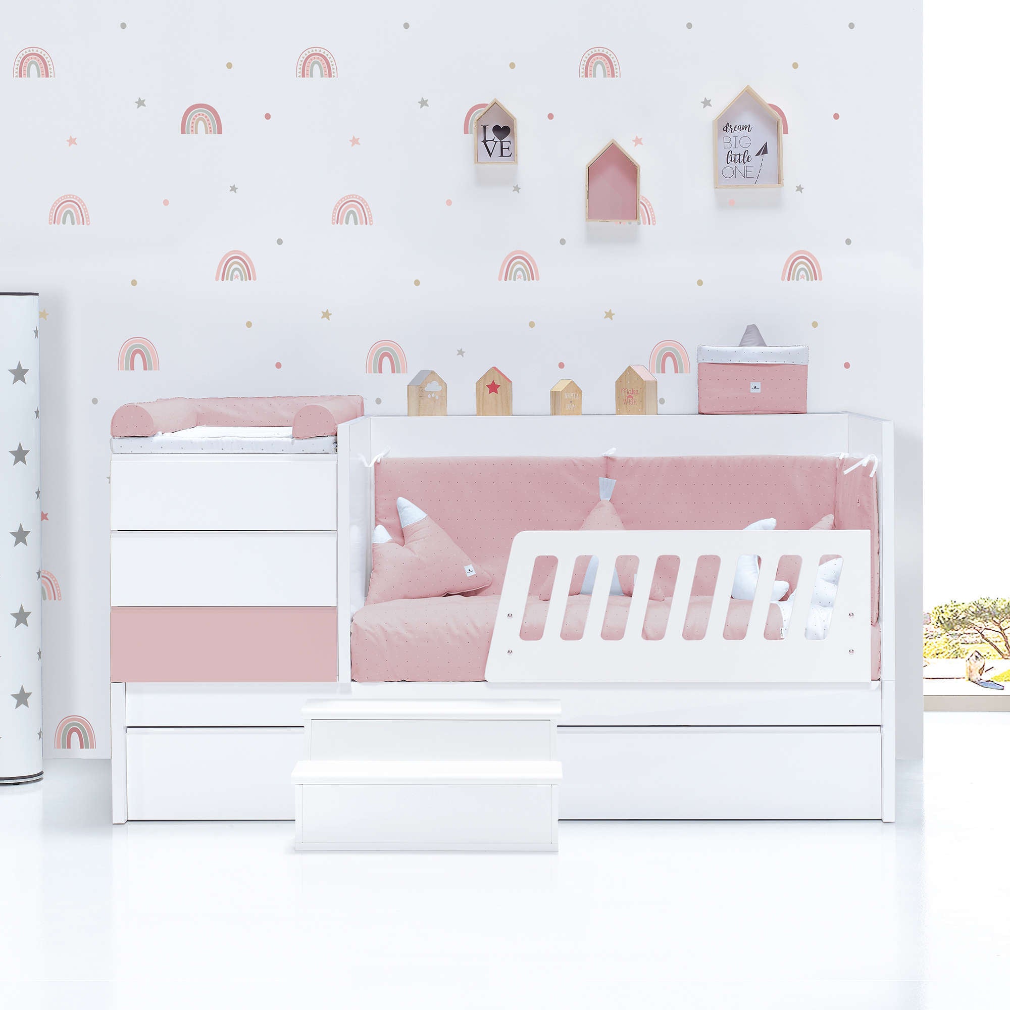 Cuna convertible 70x140 cm blanca/rosa claro · Sero Kubo Flamingo K551-M7742
