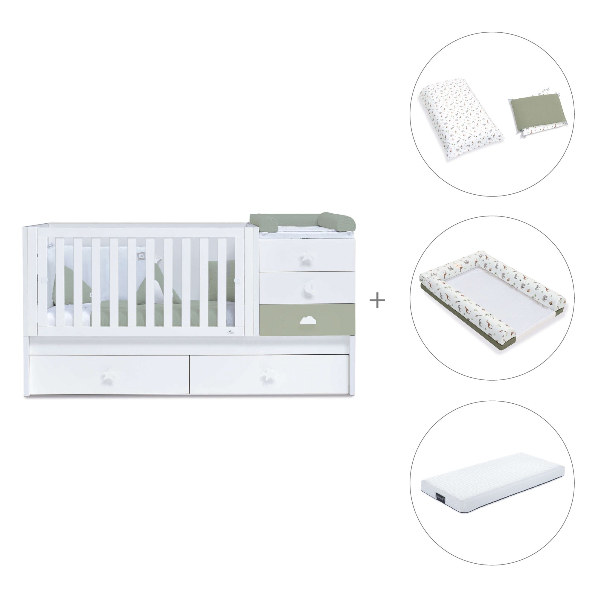 Cuna convertible 70x140 cm blanca/verde-oliva · Sero Bubble Erba K554-M7756