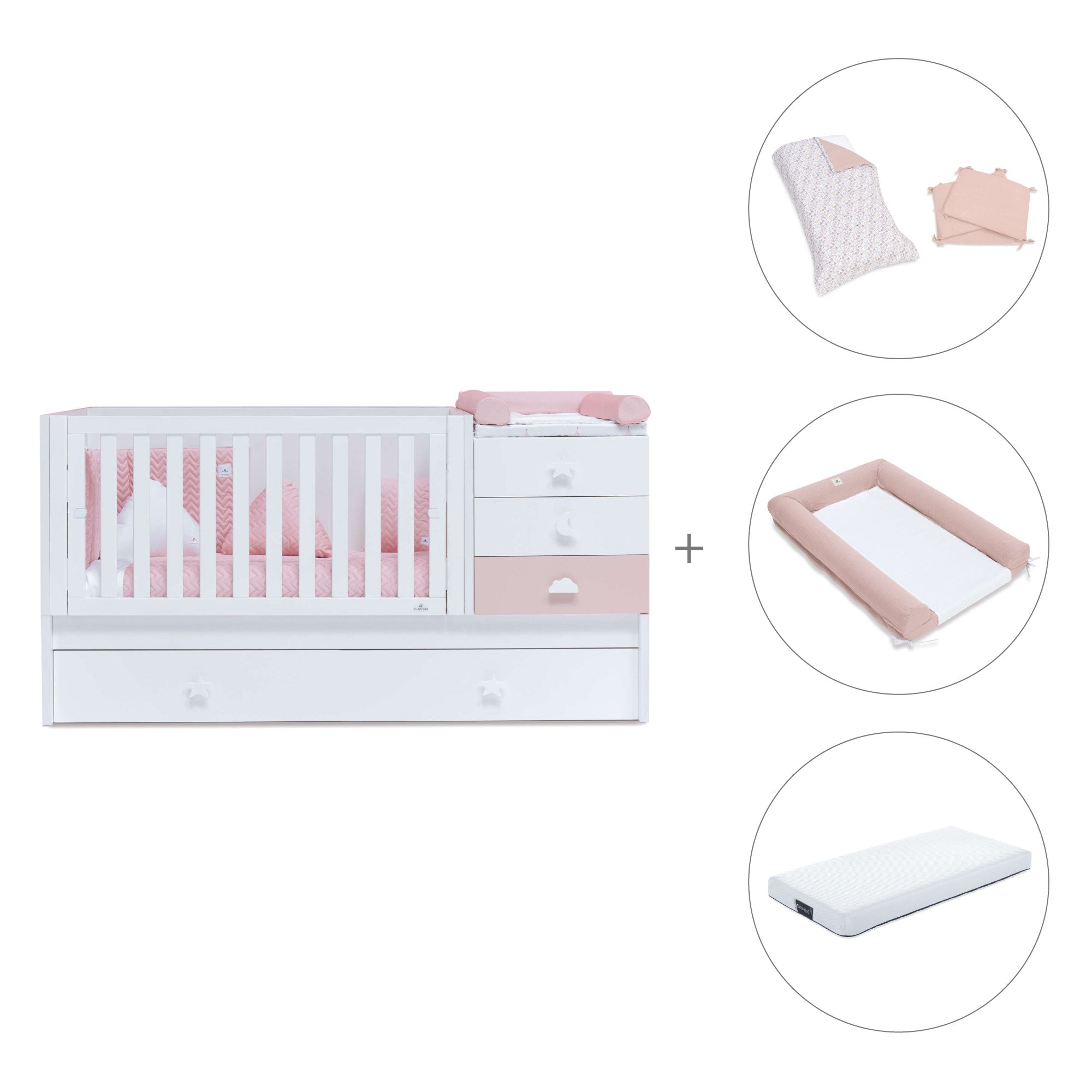 Cuna convertible 70x140 cm en blanco/rosa · Sero Bubble K554-M7742