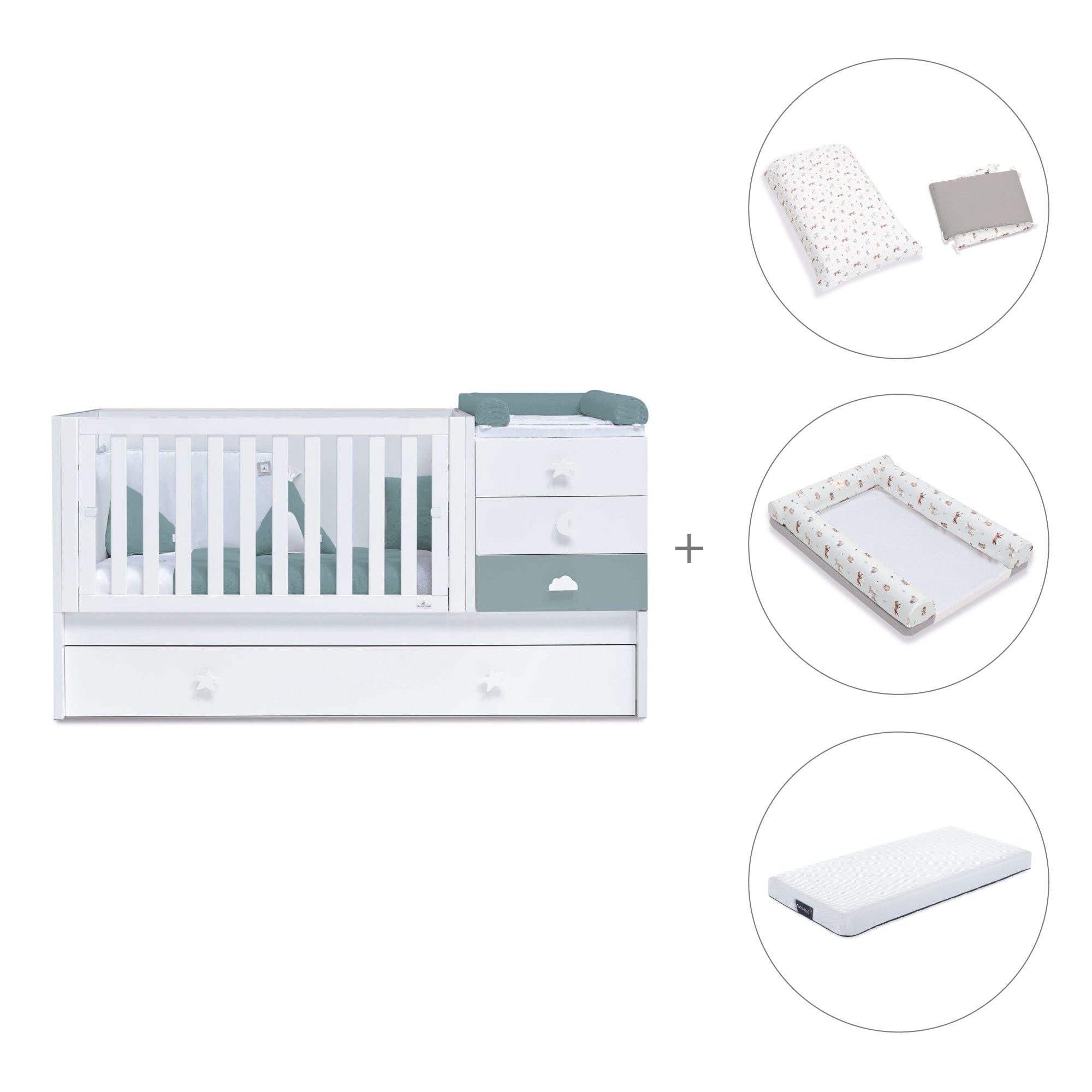 Cuna convertible 70x140 cm blanca/eucalipto · Sero Bubble Eucalyptus K554-M7757