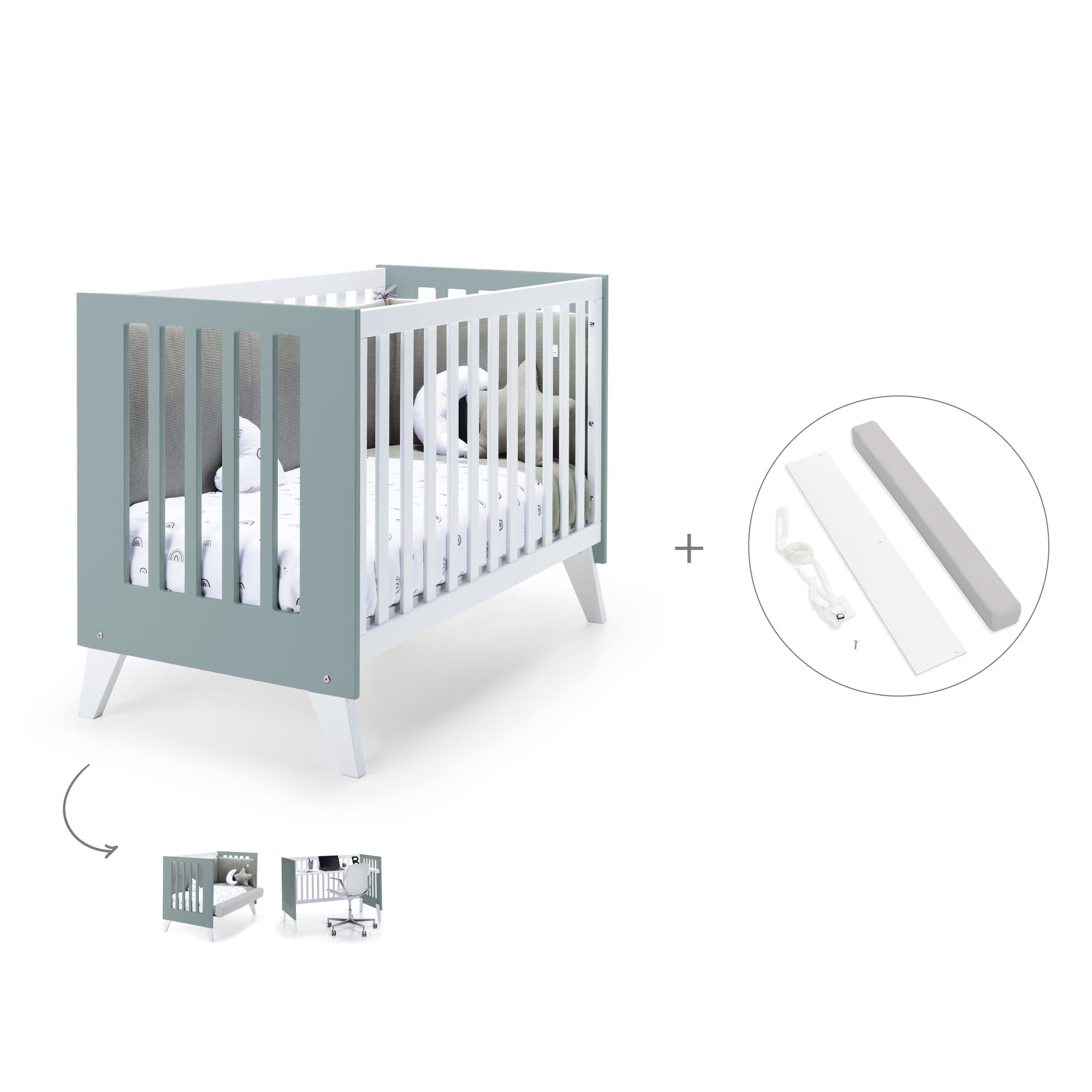 Cuna colecho 60x120 cm (4en1) blanco/verde eucalipto · Nexo Due Eucalyptus C187D-M7757