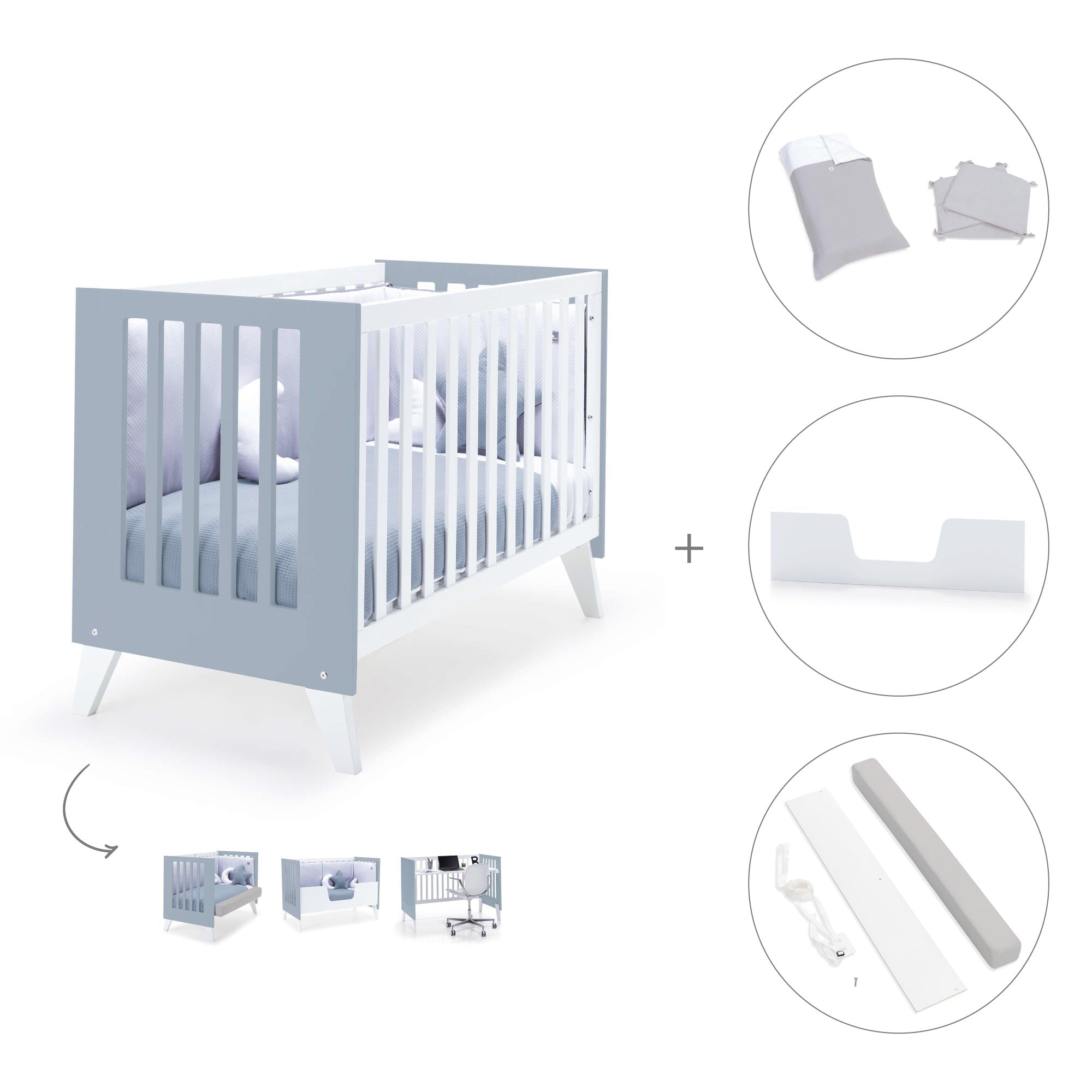 Cuna colecho 60x120 cm (4en1) blanco/celeste · Nexo Due Blu denim C187D-M7741