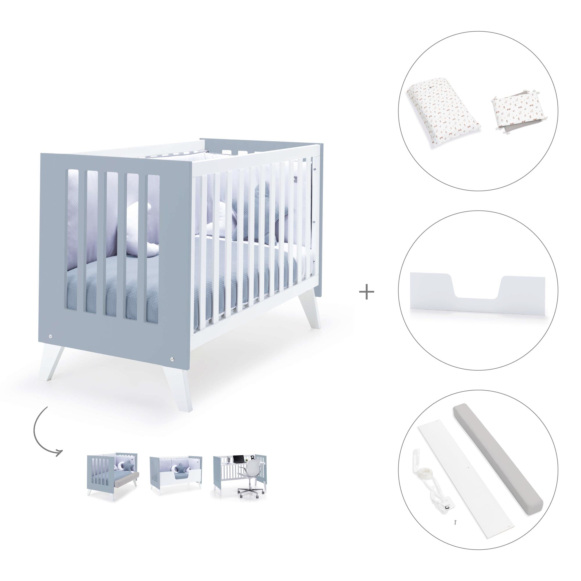 Cuna colecho 60x120 cm (4en1) blanco/celeste · Nexo Due Blu denim C187D-M7741