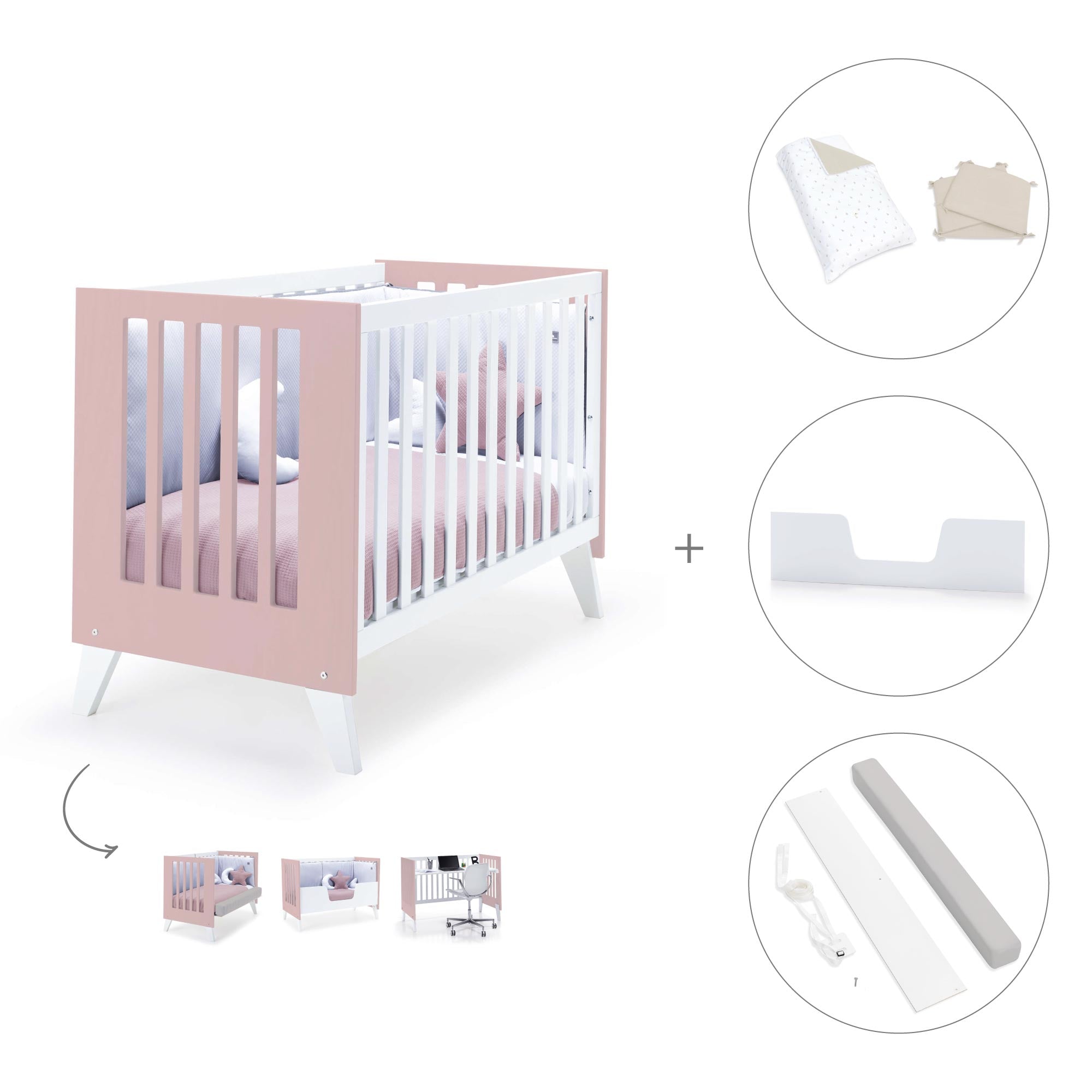 Cuna de colecho 60x120 cm (4en1) rosa pastel · Nexo Due Flamingo C187D-M7742