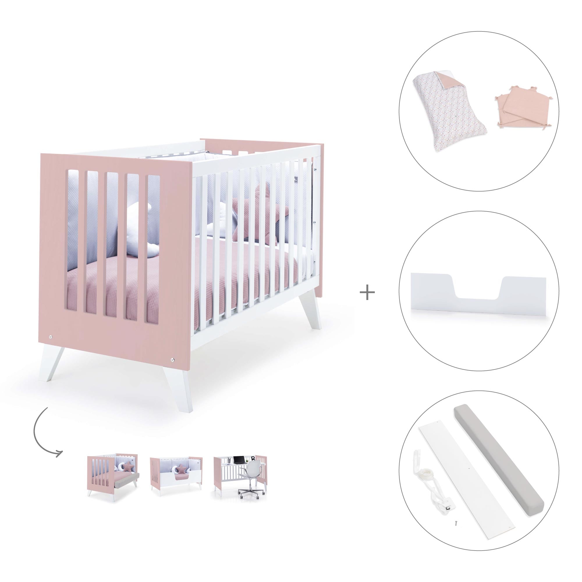 Cuna de colecho 60x120 cm (4en1) rosa pastel · Nexo Due Flamingo C187D-M7742