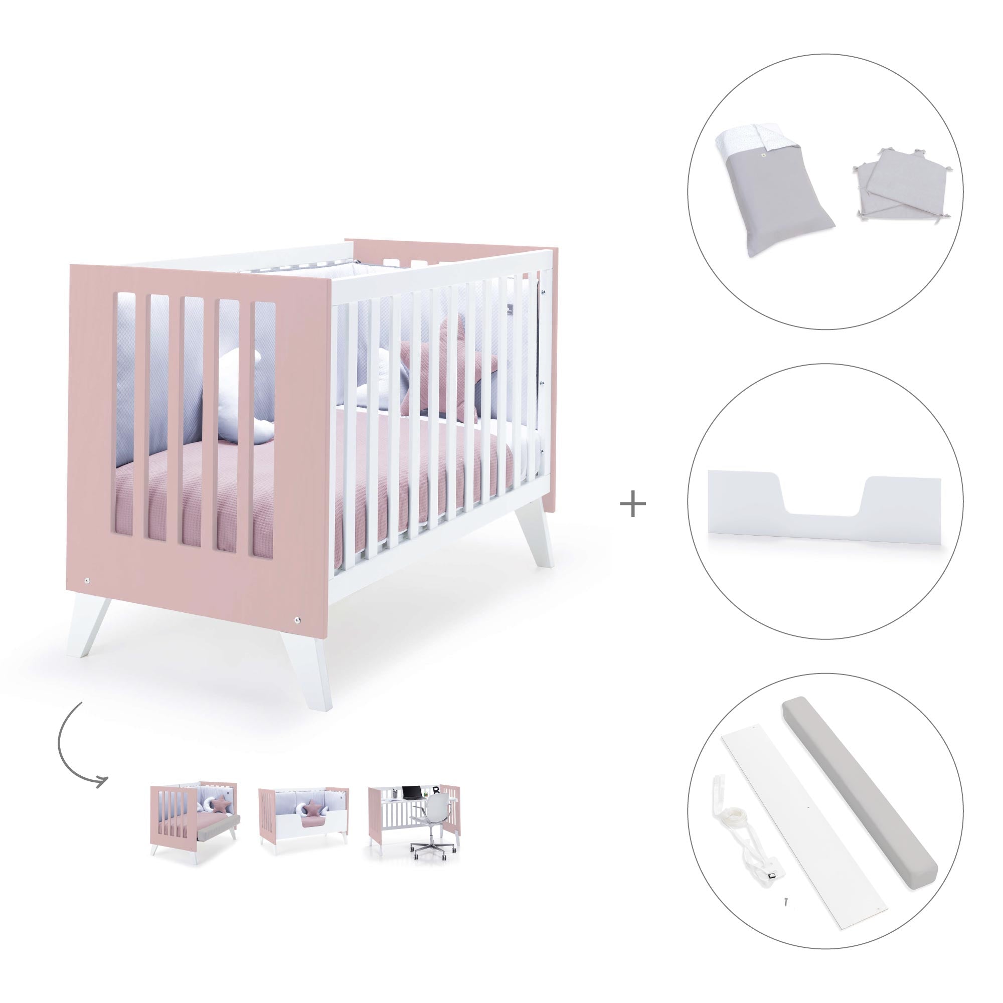 Cuna de colecho 60x120 cm (4en1) rosa pastel · Nexo Due Flamingo C187D-M7742