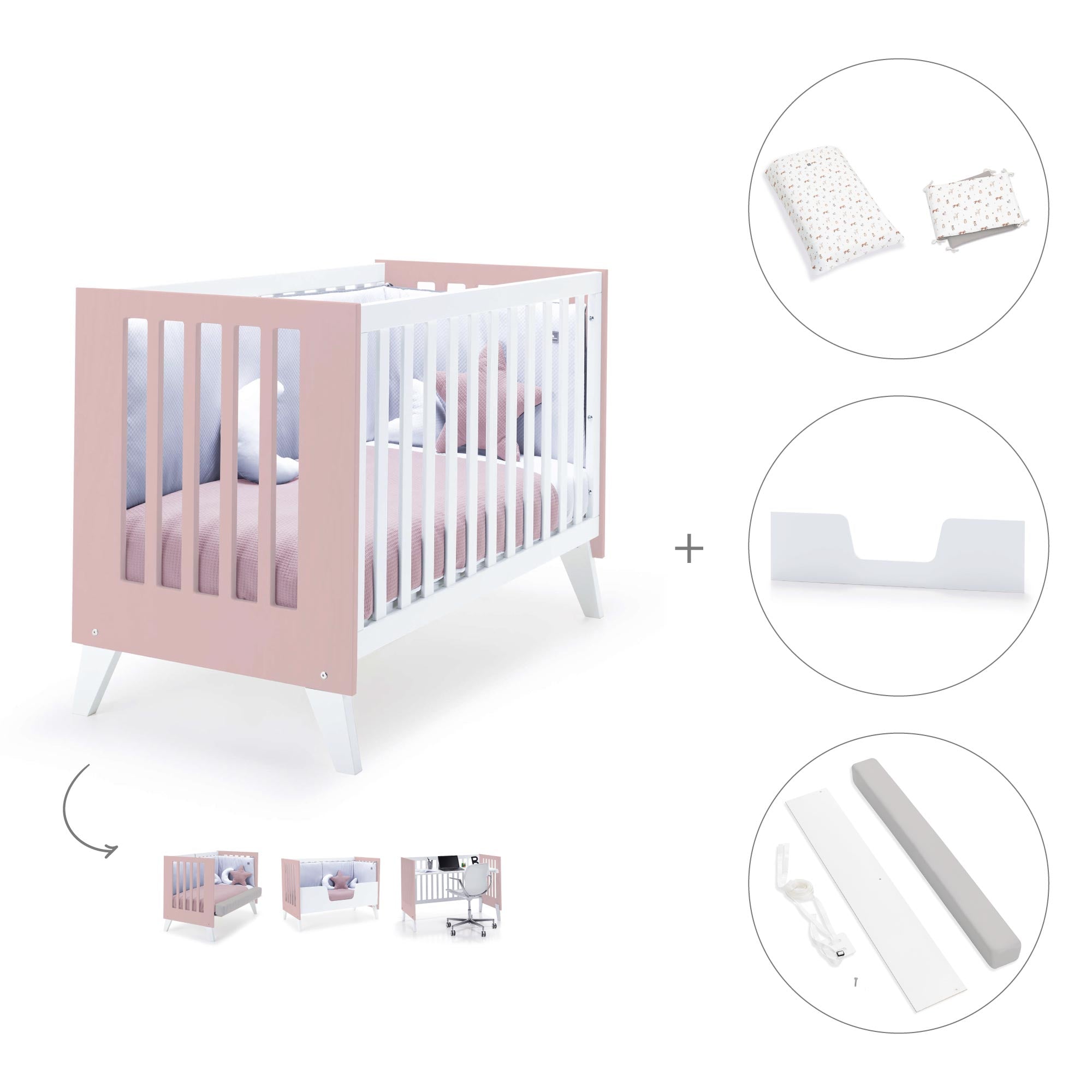 Cuna de colecho 60x120 cm (4en1) rosa pastel · Nexo Due Flamingo C187D-M7742