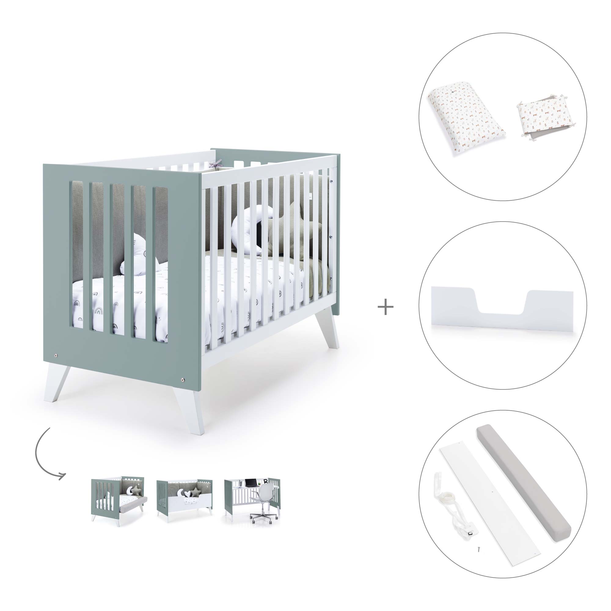 Cuna colecho 60x120 cm (4en1) blanco/verde eucalipto · Nexo Due Eucalyptus C187D-M7757