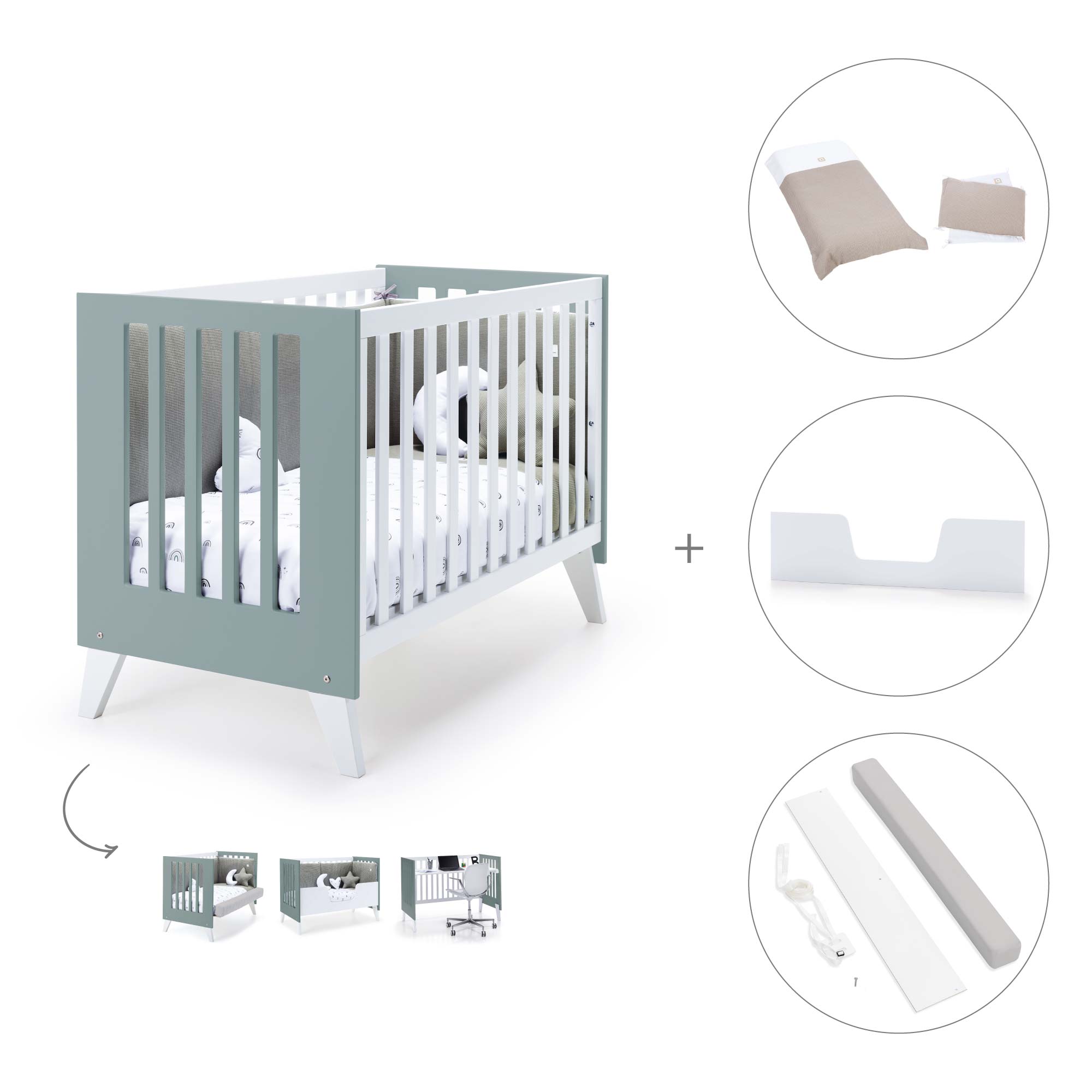 Cuna colecho 60x120 cm (4en1) blanco/verde eucalipto · Nexo Due Eucalyptus C187D-M7757