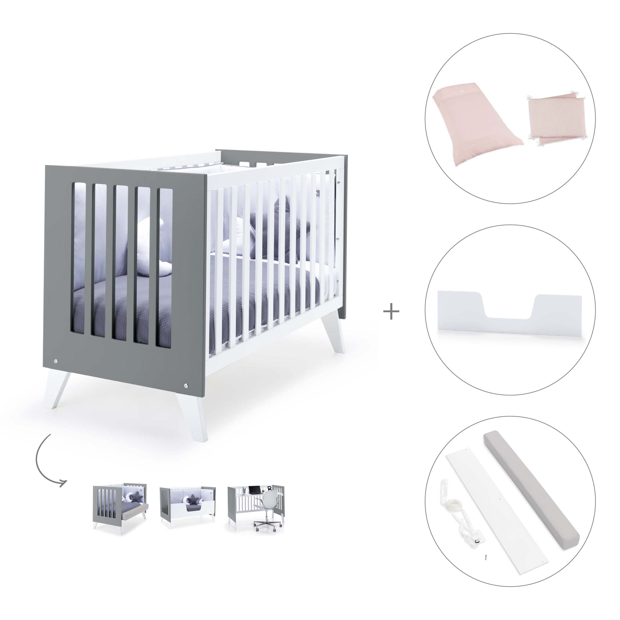 Cuna colecho 60x120 cm (4en1) blanco/antracita · Nexo Due Antracita C187D-M7758