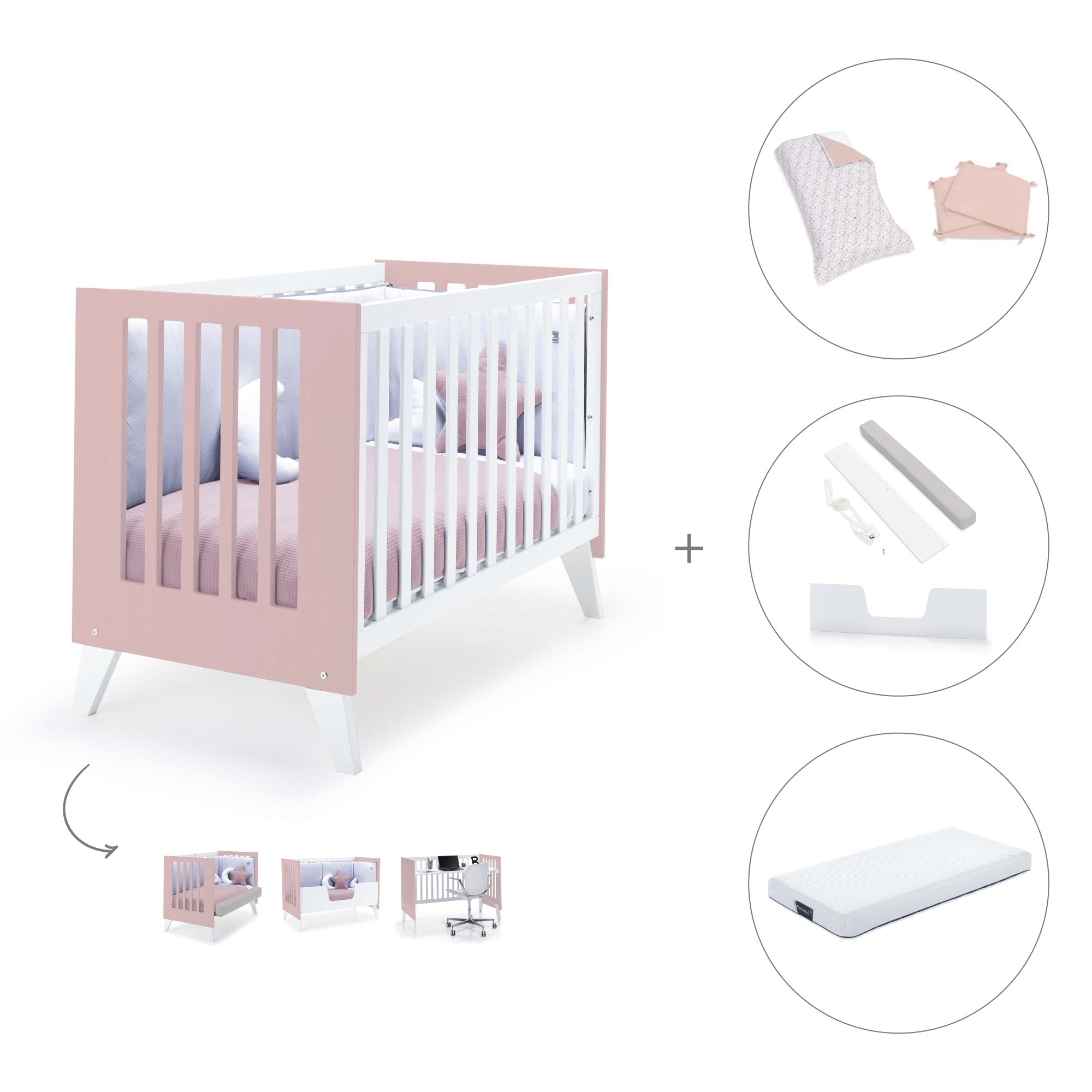 Cuna de colecho 60x120 cm (4en1) rosa pastel · Nexo Due Flamingo C187D-M7742