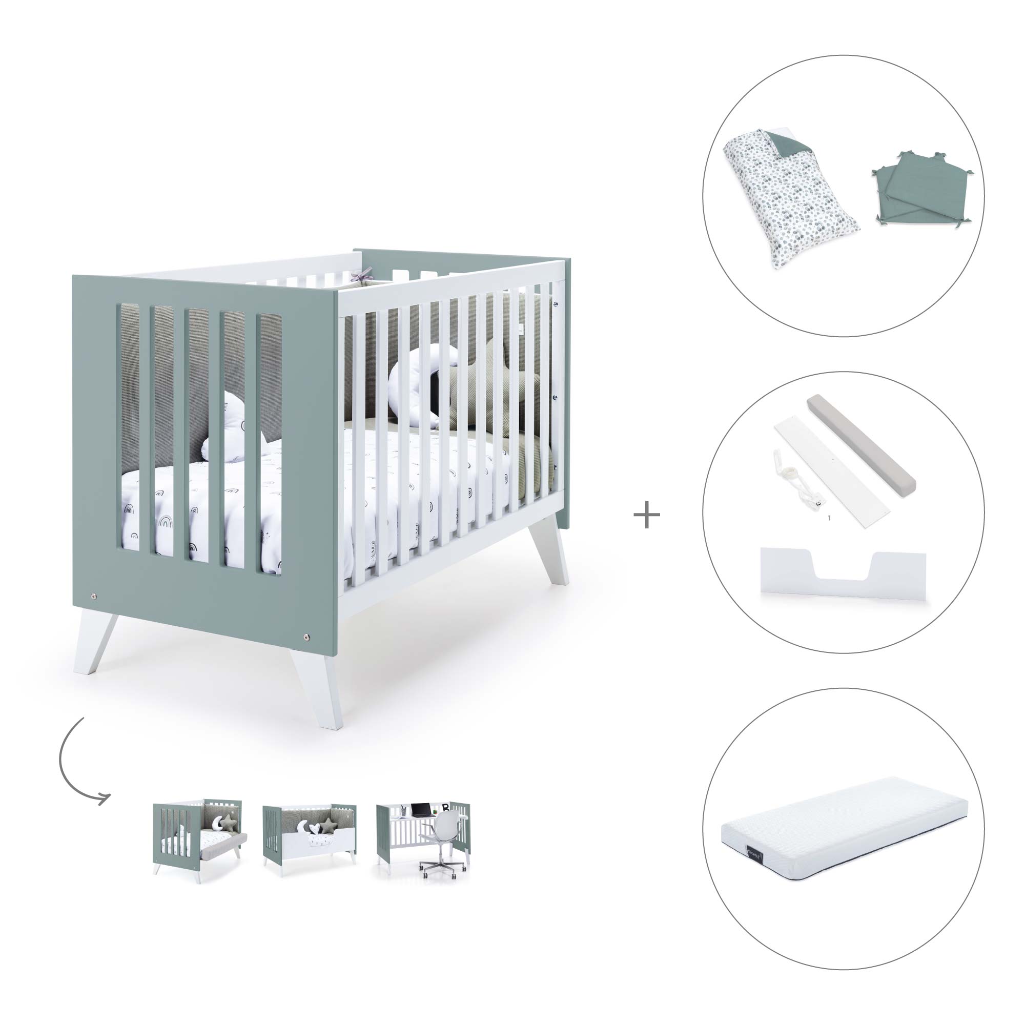 Cuna colecho 60x120 cm (4en1) blanco/verde eucalipto · Nexo Due Eucalyptus C187D-M7757