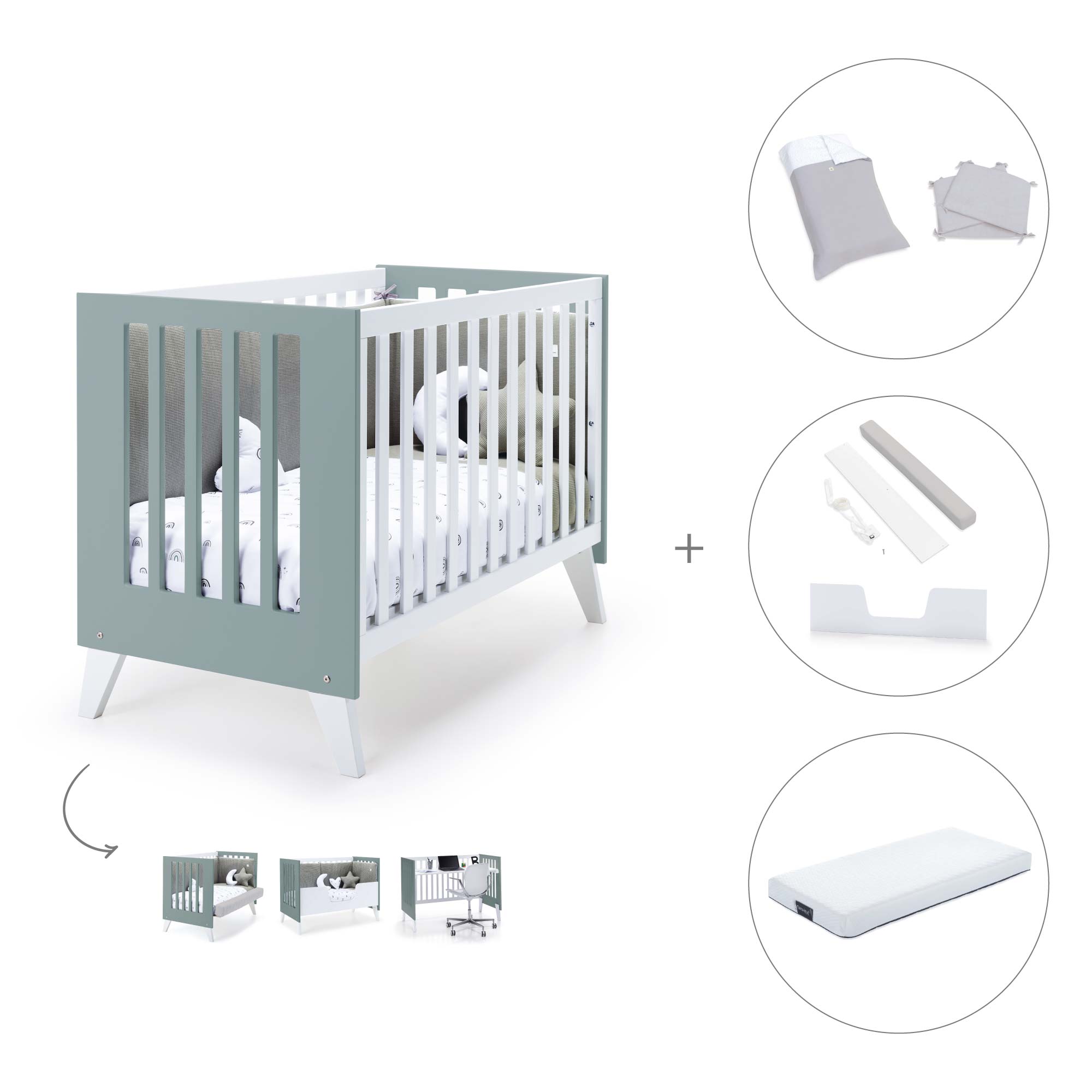 Cuna colecho 60x120 cm (4en1) blanco/verde eucalipto · Nexo Due Eucalyptus C187D-M7757