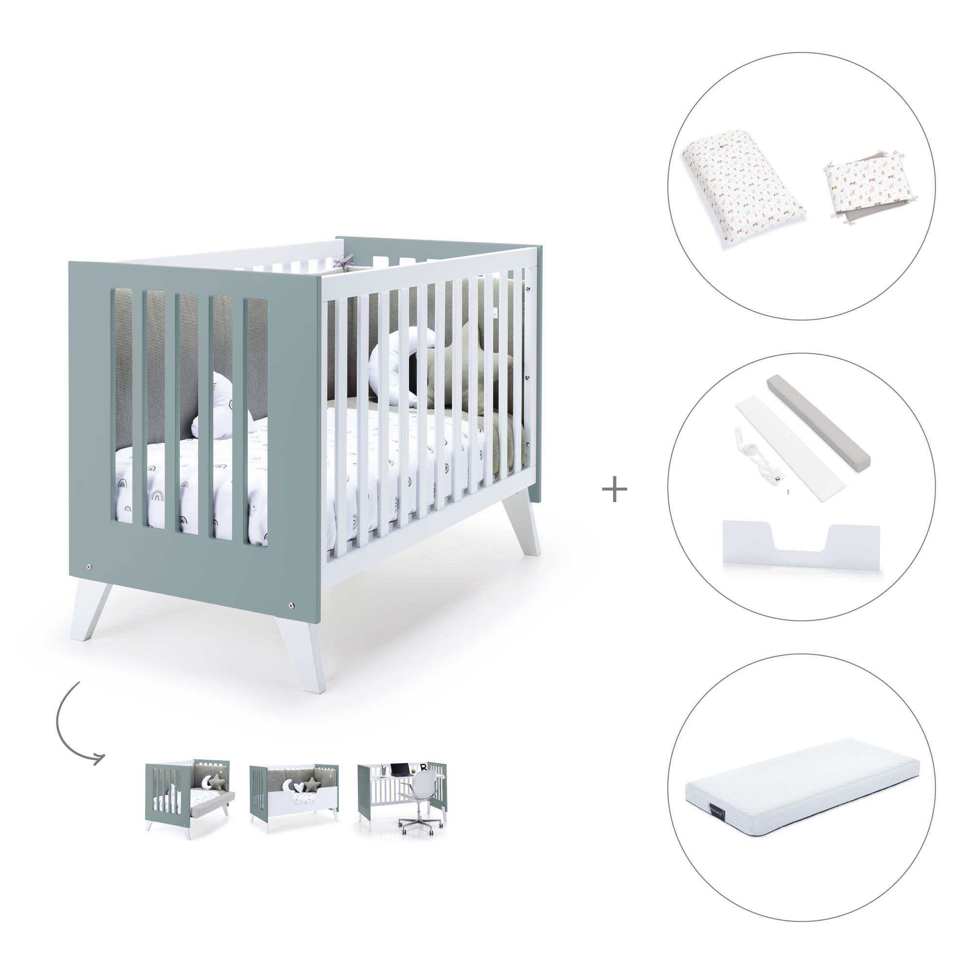 Cuna colecho 60x120 cm (4en1) blanco/verde eucalipto · Nexo Due Eucalyptus C187D-M7757